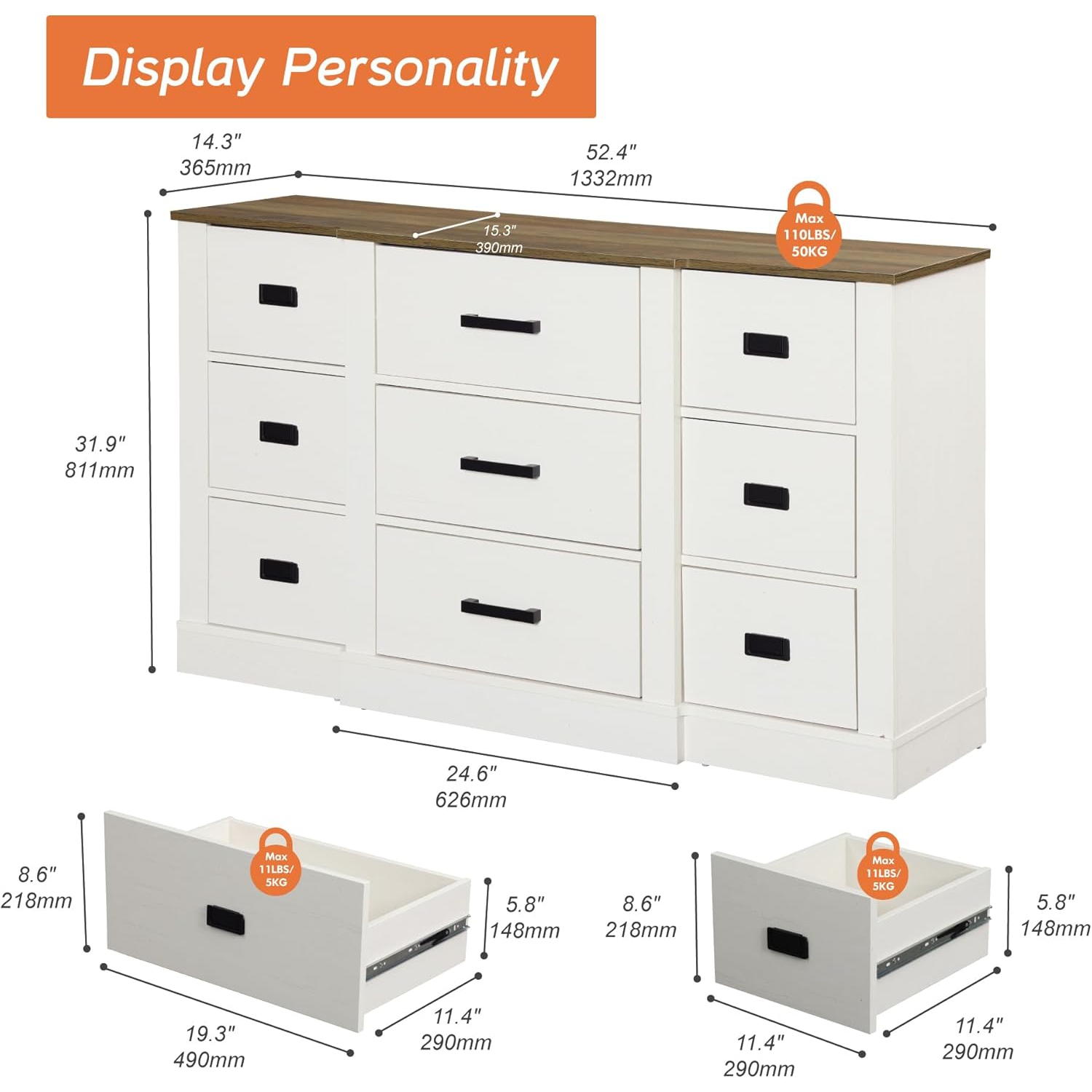 Commode WAMPAT pour chambre à coucher avec 9 tiroirs, commode de rangement de 52&nbsp;po de largeur, coffres en bois pour vêtements, chambre