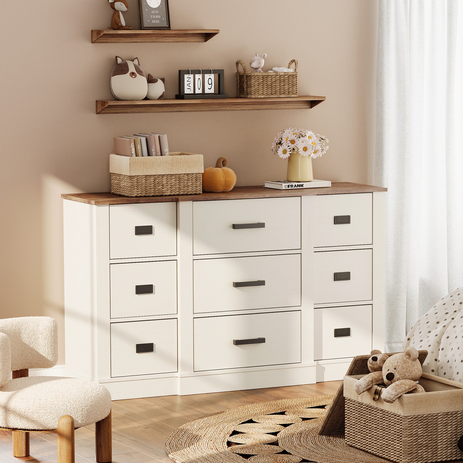 Commode WAMPAT pour chambre à coucher avec 9 tiroirs, commode de rangement de 52&nbsp;po de largeur, coffres en bois pour vêtements, chambre