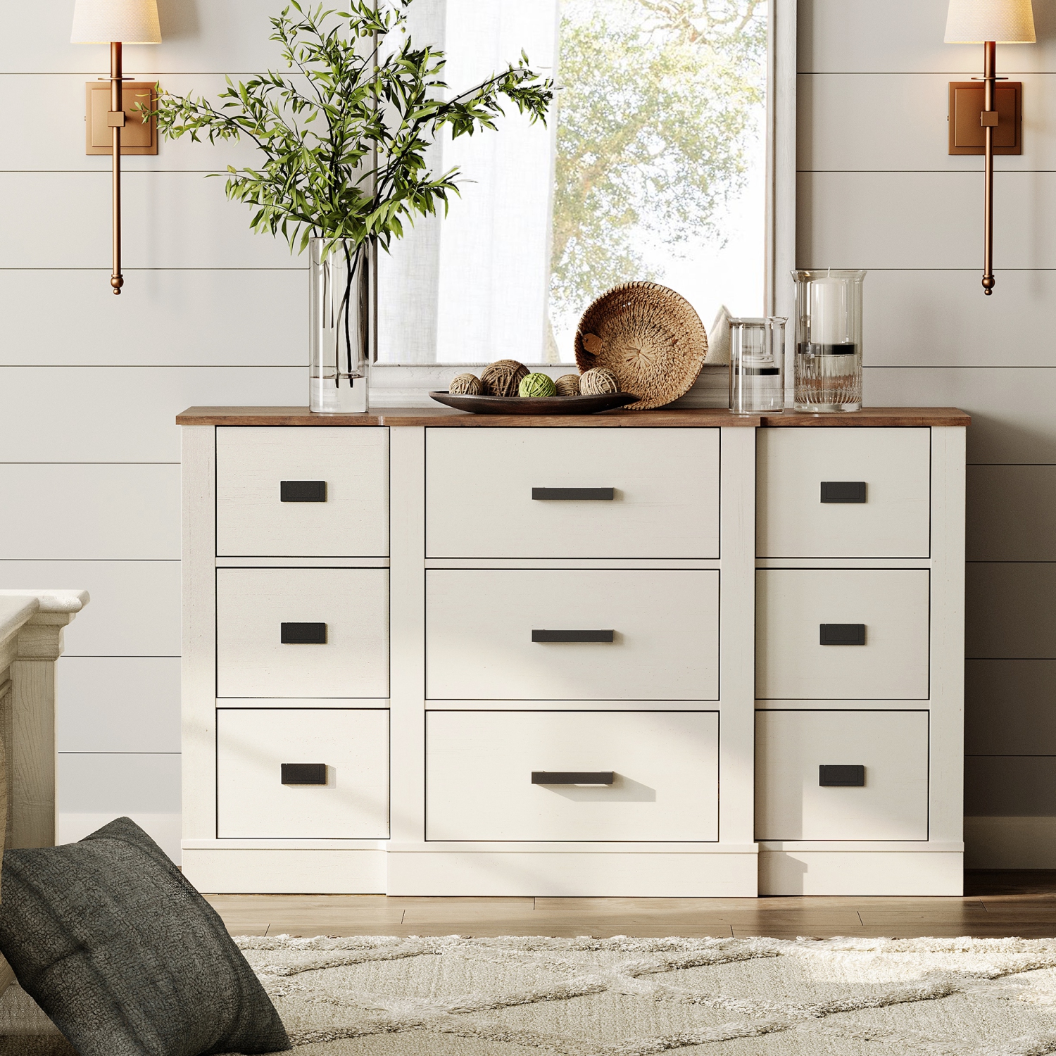 Commode WAMPAT pour chambre à coucher avec 9 tiroirs, commode de rangement de 52&nbsp;po de largeur, coffres en bois pour vêtements, chambre