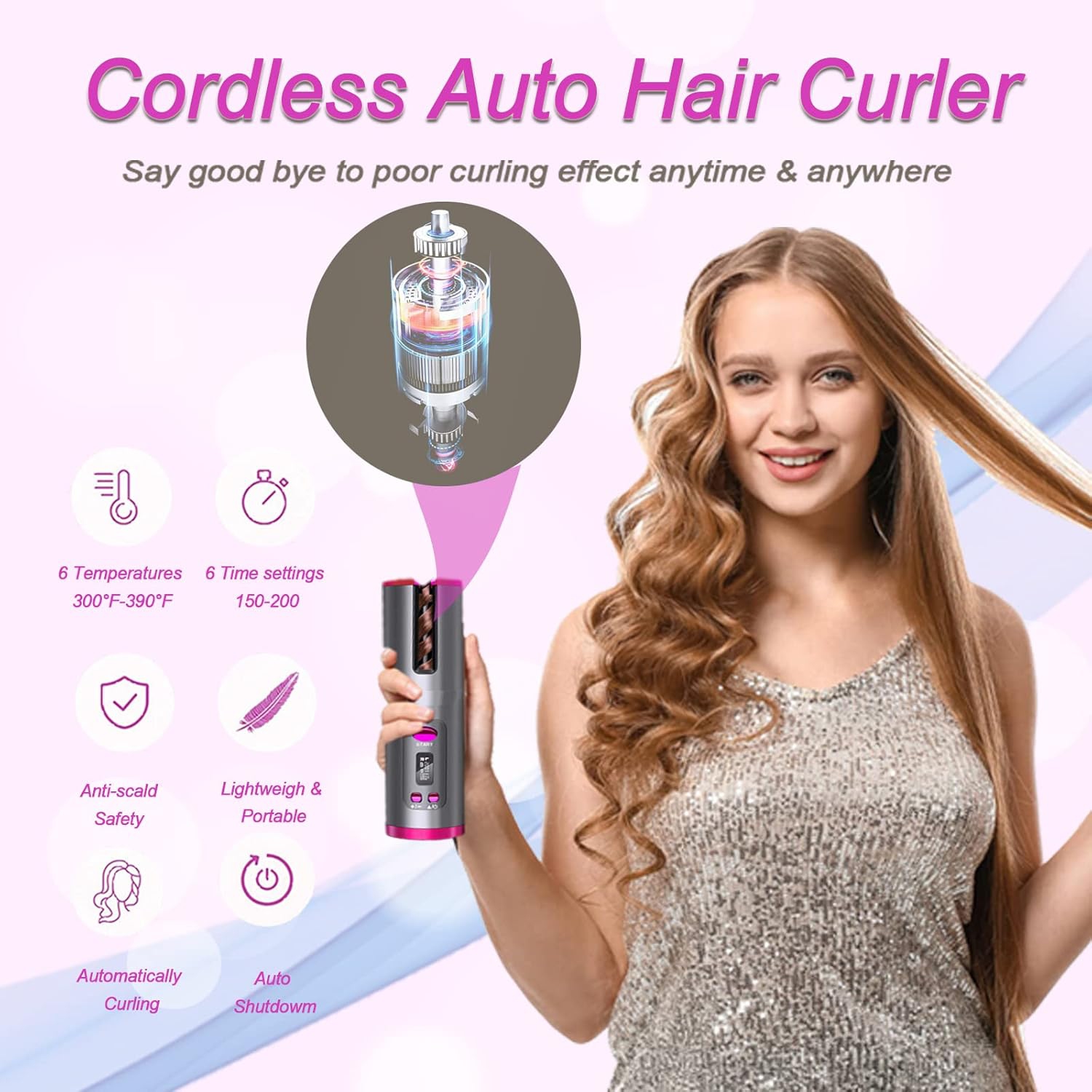 Cordless Automatic Hair Curler Auto Curling Iron Wireless Portable Curling Rotating Wand for Hair Styling