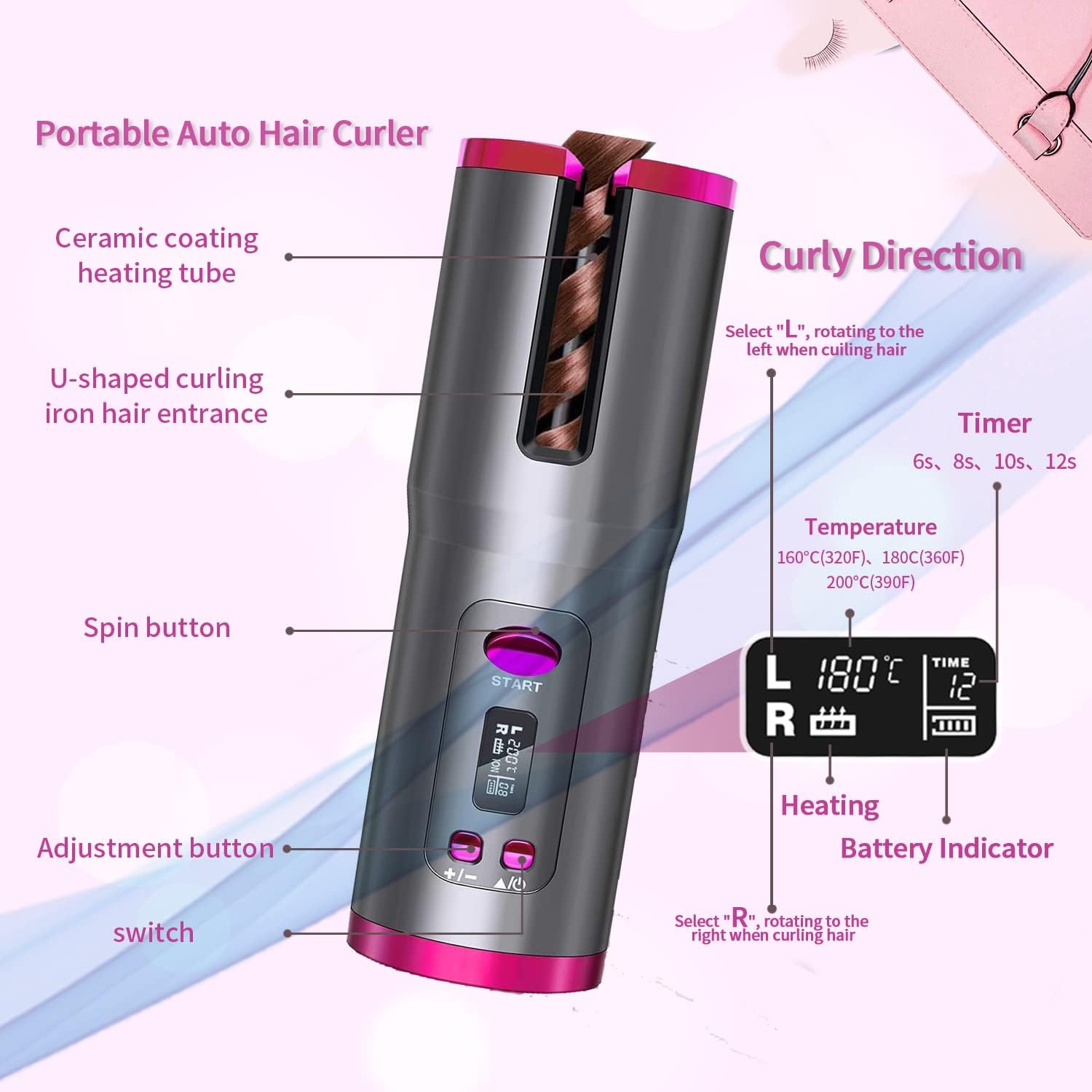 Cordless Automatic Hair Curler Auto Curling Iron Wireless Portable Curling Rotating Wand for Hair Styling