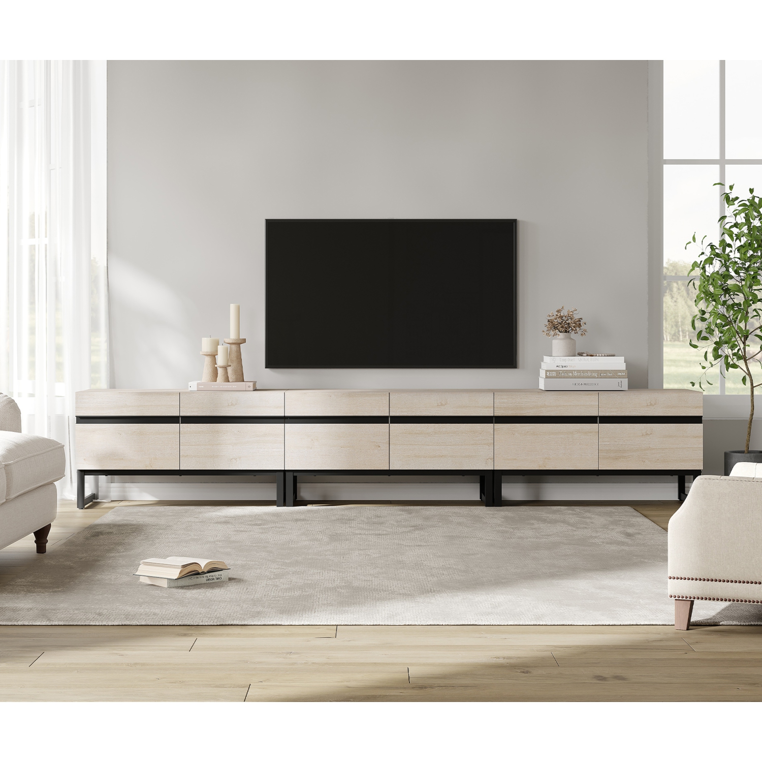 Meuble pour téléviseur moderne WAMPAT pour téléviseurs jusqu'à 110&nbsp;po, meuble pour téléviseur 3 en 1 avec armoires de rangement et base en