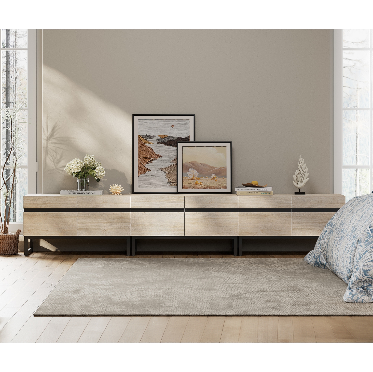 Meuble pour téléviseur moderne WAMPAT pour téléviseurs jusqu'à 110 po, meuble pour téléviseur 3 en 1 avec armoires de rangement et base en