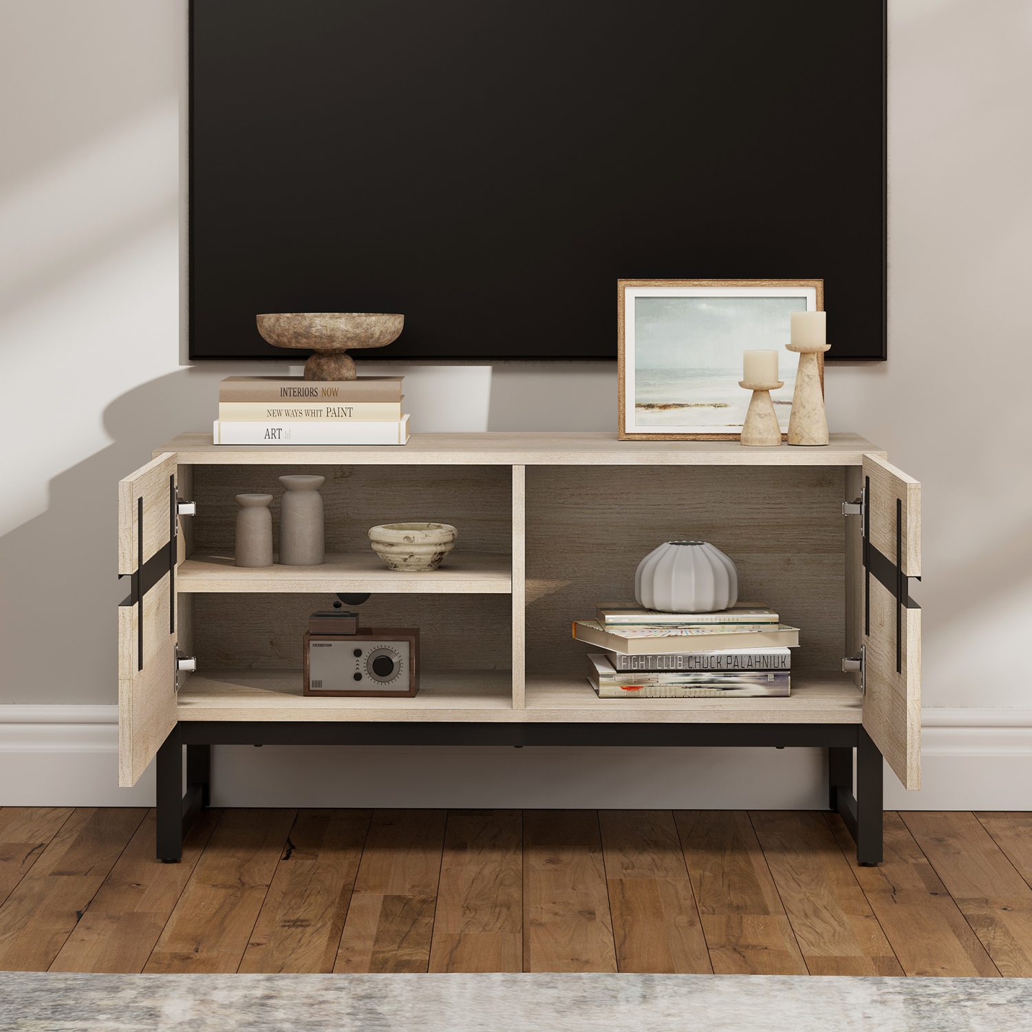 WAMPAT Modern TV Stand for TVs up to 50 inch, TV Entertainment Center Console Table with Storage Cabinet, Wood Media Console for Living Room,Light Oak