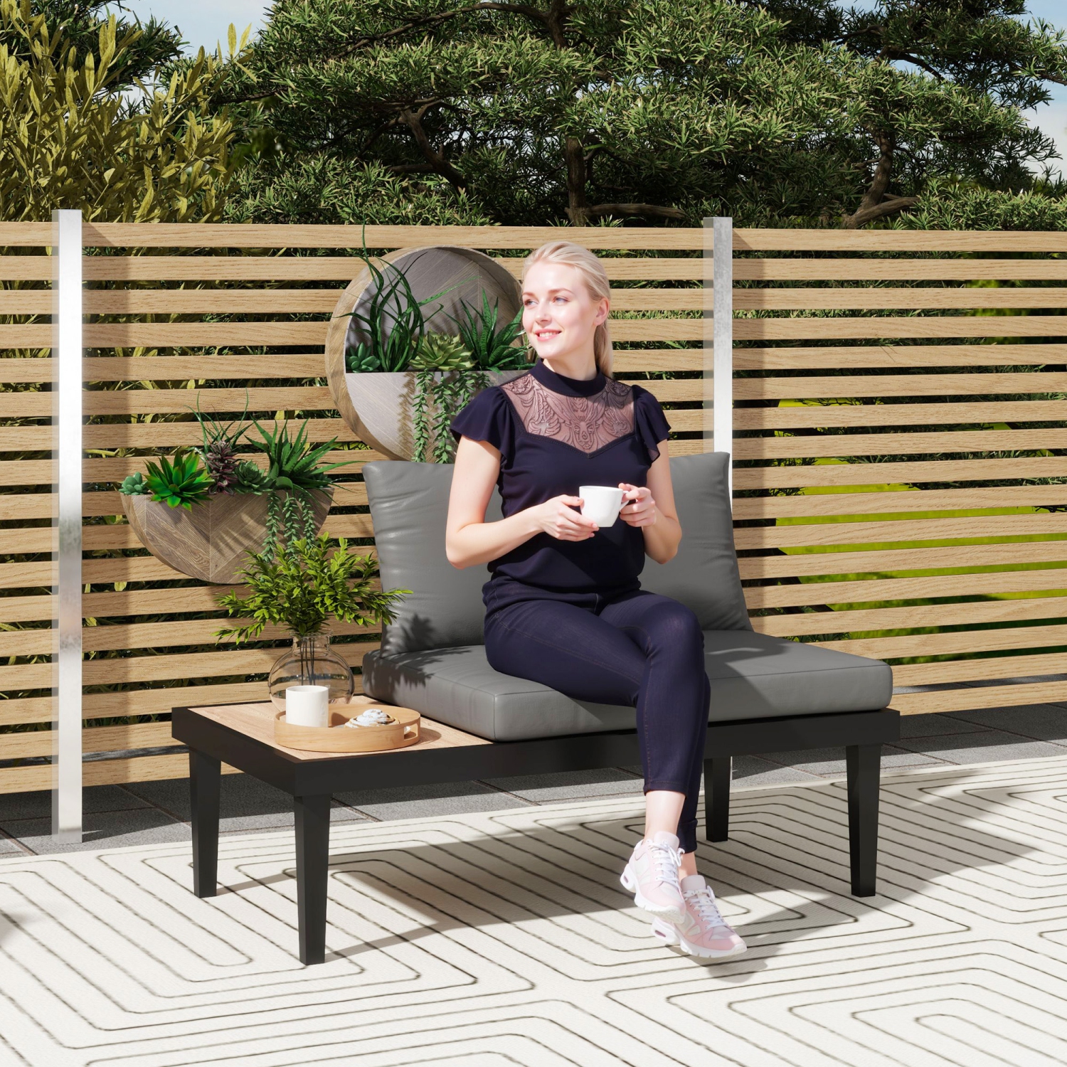 Canapé d'extérieur Outsunny, causeuse de patio à 2 places avec table à plateau latéral en grain de bois, canapé de patio avec coussins et cadre en