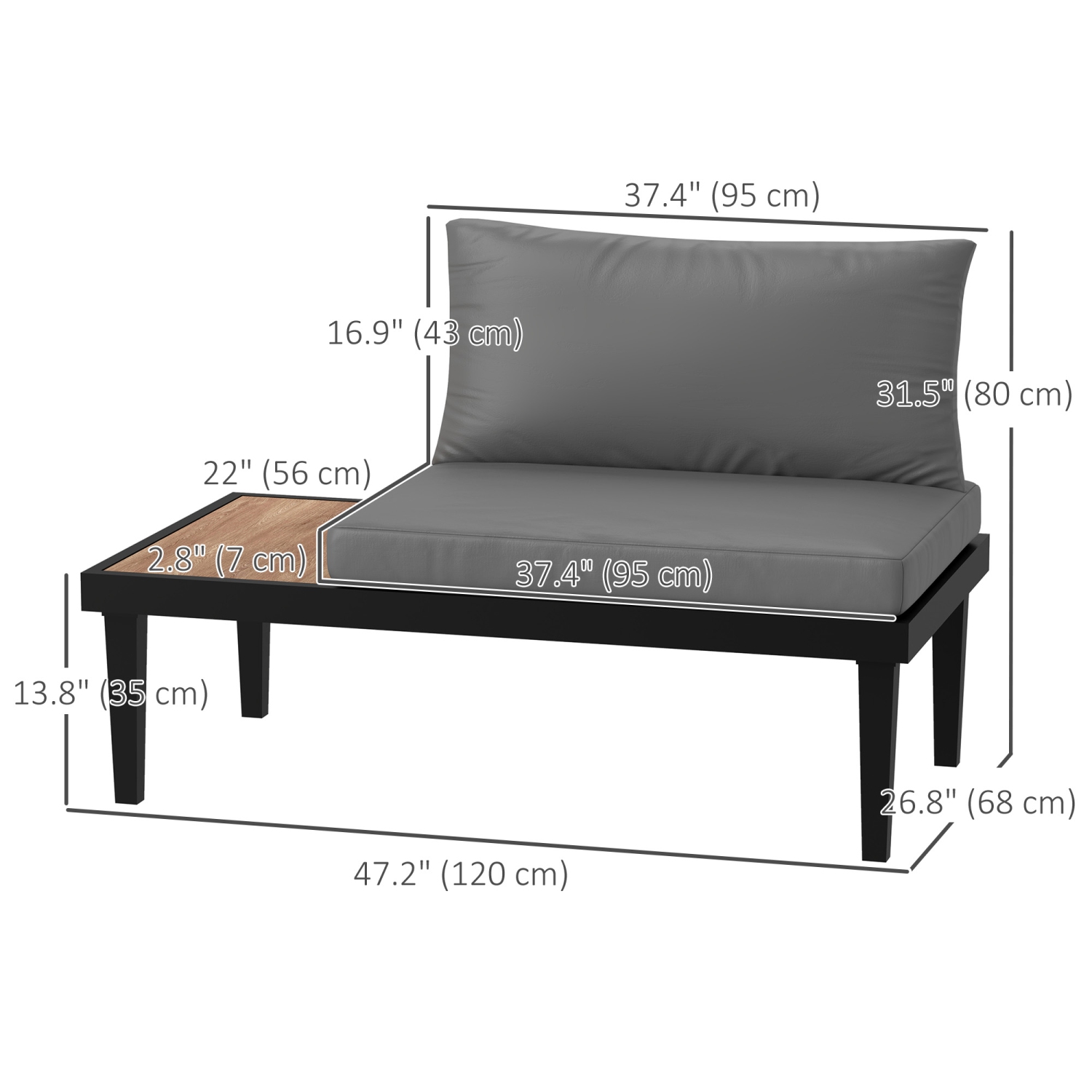 Canapé d'extérieur Outsunny, causeuse de patio à 2 places avec table à plateau latéral en grain de bois, canapé de patio avec coussins et cadre en