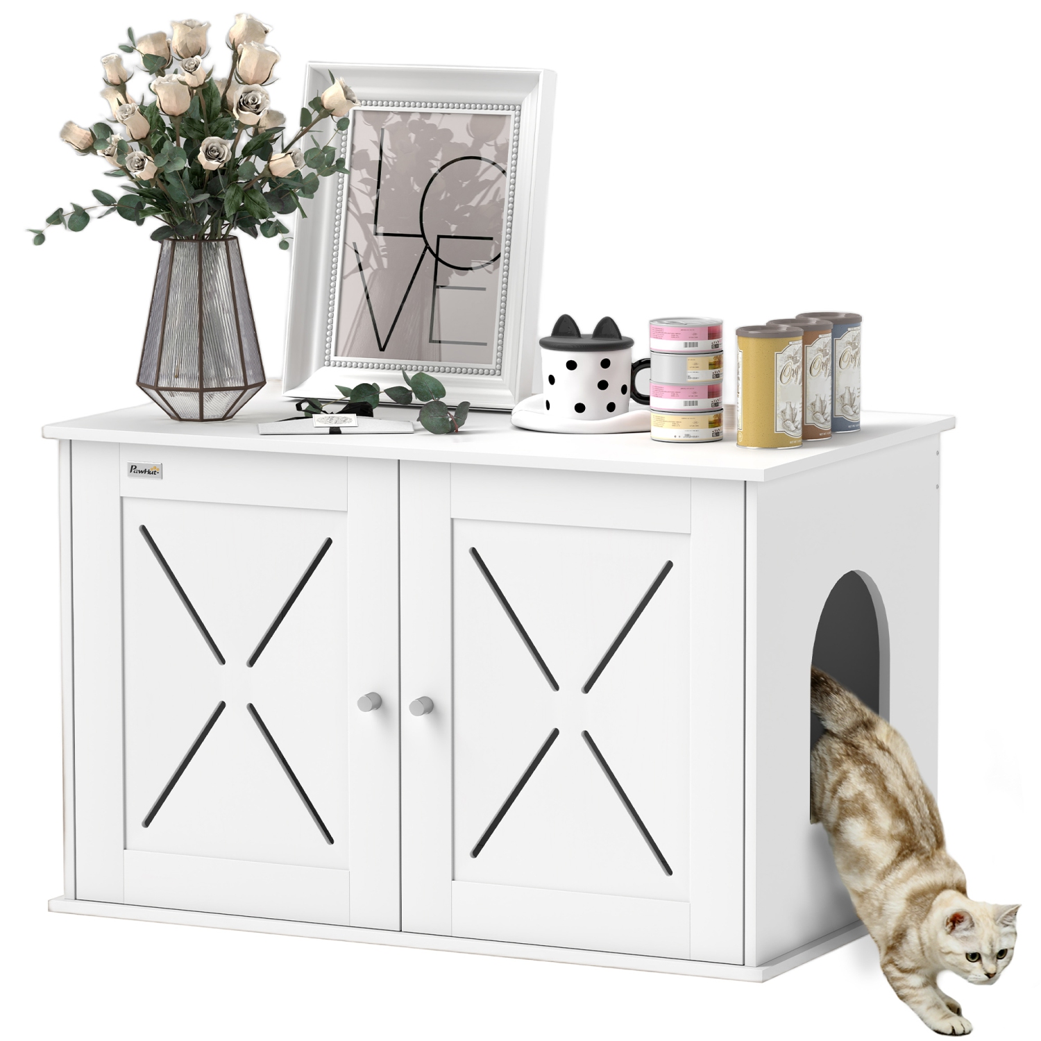 PawHut Cat Litter Box Enclosure, Hidden Washroom Furniture with Doors, Cat Hole, Handles, Indoor Pet House Side End Table Fit Most of Cat and Litter