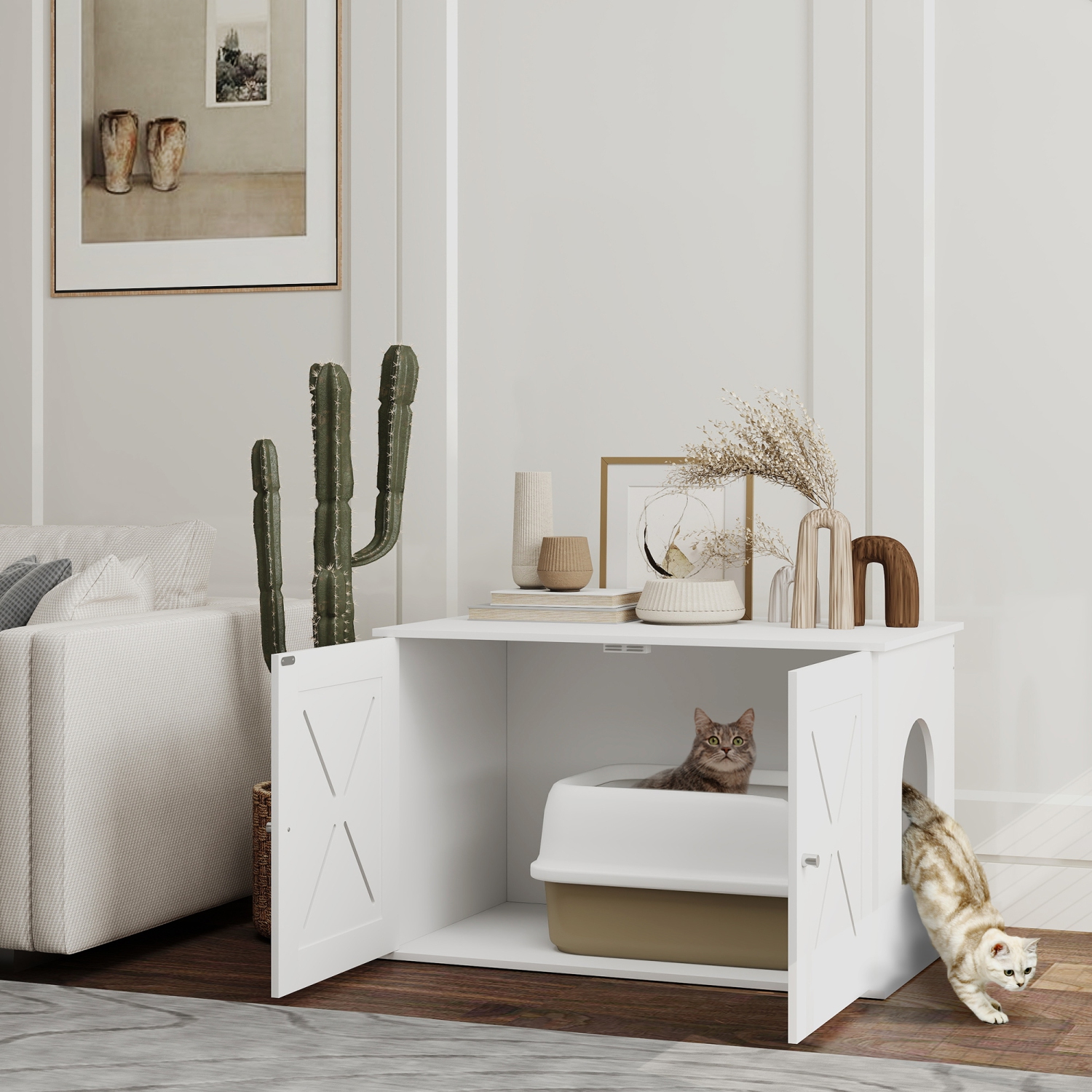 PawHut Cat Litter Box Enclosure, Hidden Washroom Furniture with Doors, Cat Hole, Handles, Indoor Pet House Side End Table Fit Most of Cat and Litter