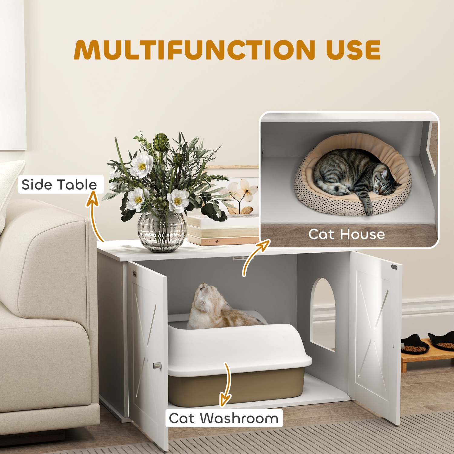 PawHut Cat Litter Box Enclosure, Hidden Washroom Furniture with Doors, Cat Hole, Handles, Indoor Pet House Side End Table Fit Most of Cat and Litter