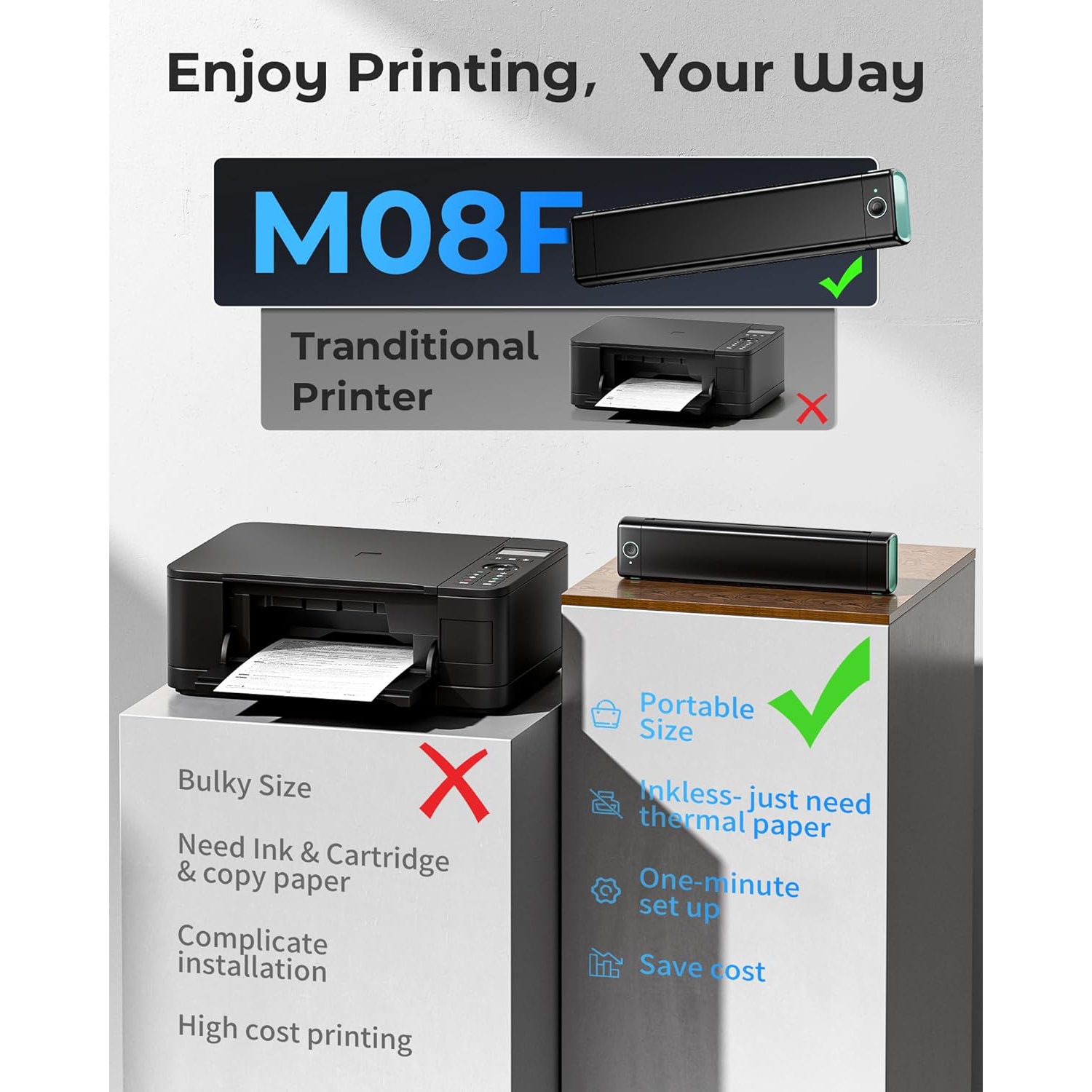 Imprimante thermique portative sans fil M08F de Phomemo pour les voyages - Imprimante compacte Bluetooth prenant en charge le papier thermique 8,5 x