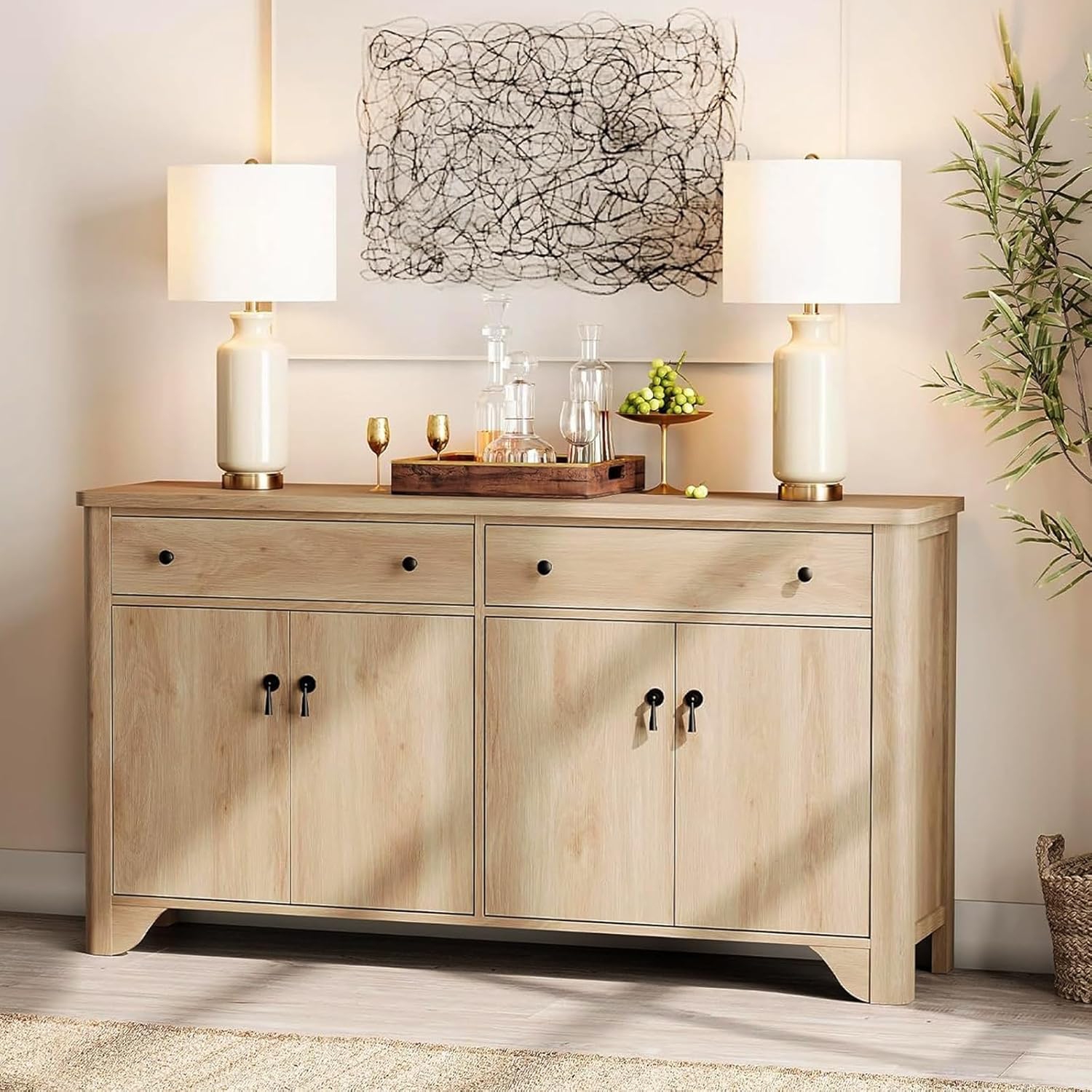 WAMPAT Sideboard Buffet Cabinet with Storage - 59" Large Farmhouse Buffet Cabinet with 2 Drawers and 4 Doors,Coffee Bar Storage Kitchen Cabinet