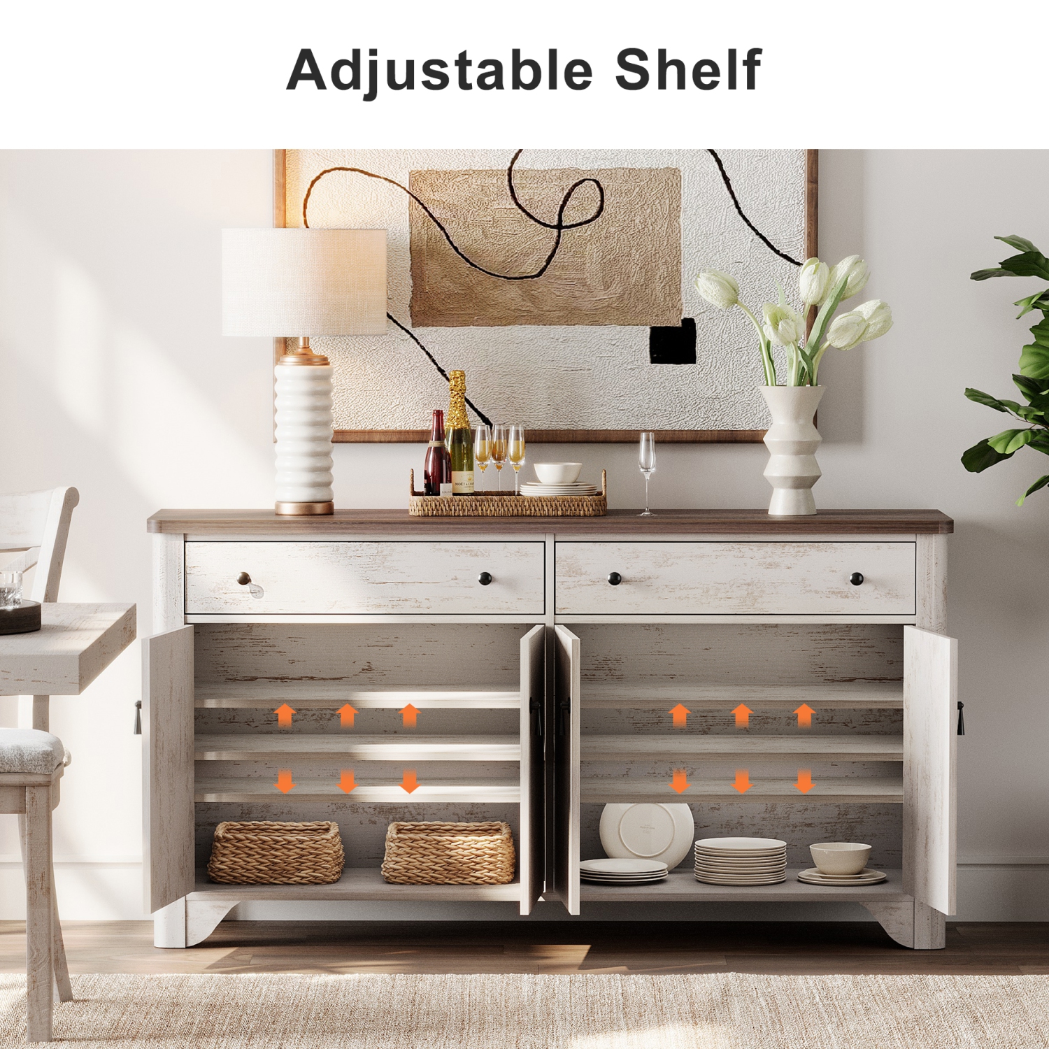 Buffet avec rangement WAMPAT - Grande armoire de 59 po avec 2 tiroirs et 4 portes, Buffet de bar pour salle à manger