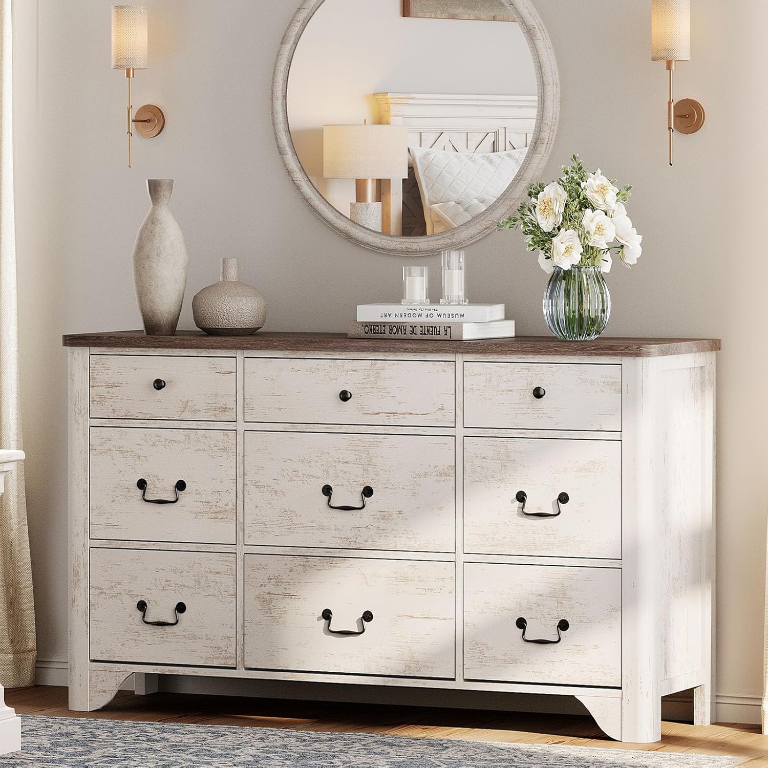 Commode à 9 tiroirs WAMPAT pour chambre à coucher, commode de style champêtre, commode moderne en bois avec grand organisateur de rangement pour