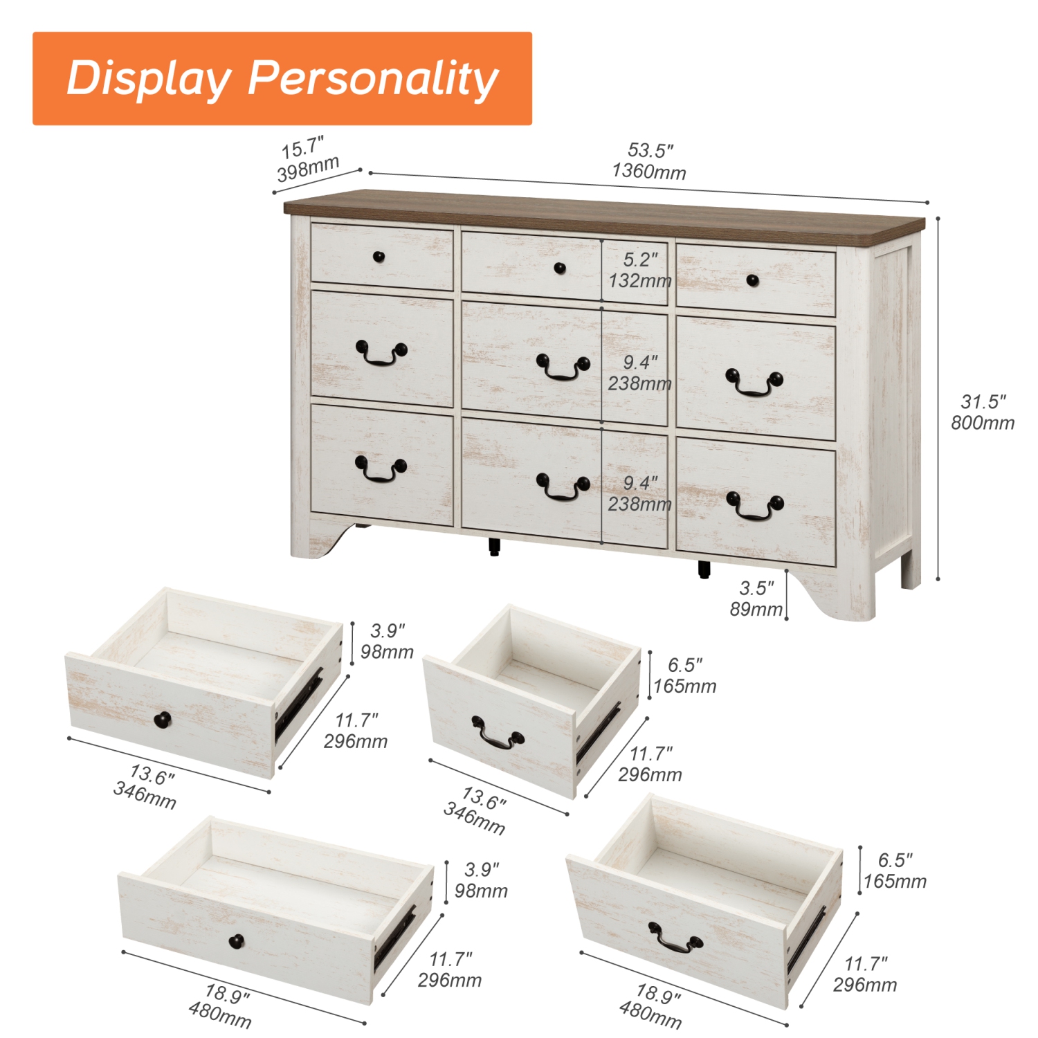 Commode à 9 tiroirs WAMPAT pour chambre à coucher, commode de style champêtre, commode moderne en bois avec grand organisateur de rangement pour