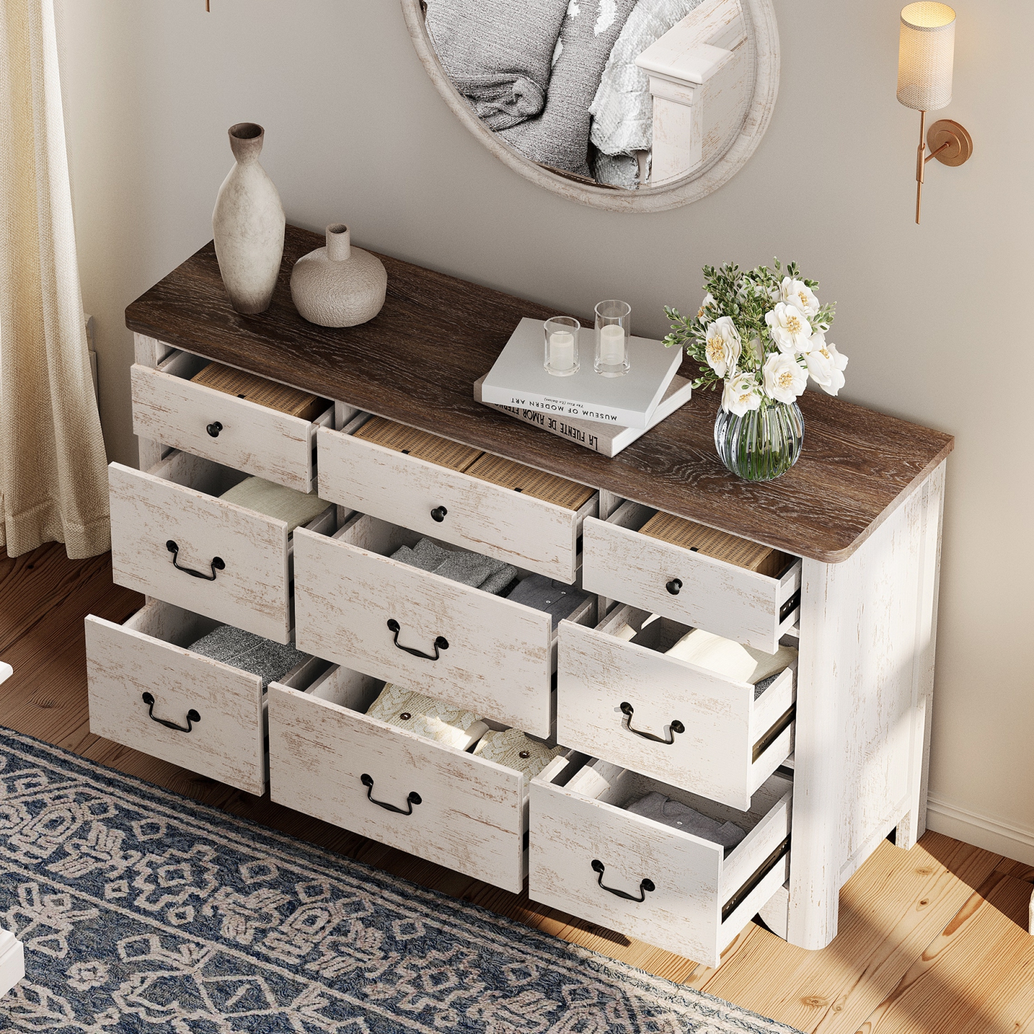 Commode à 9 tiroirs WAMPAT pour chambre à coucher, commode de style champêtre, commode moderne en bois avec grand organisateur de rangement pour