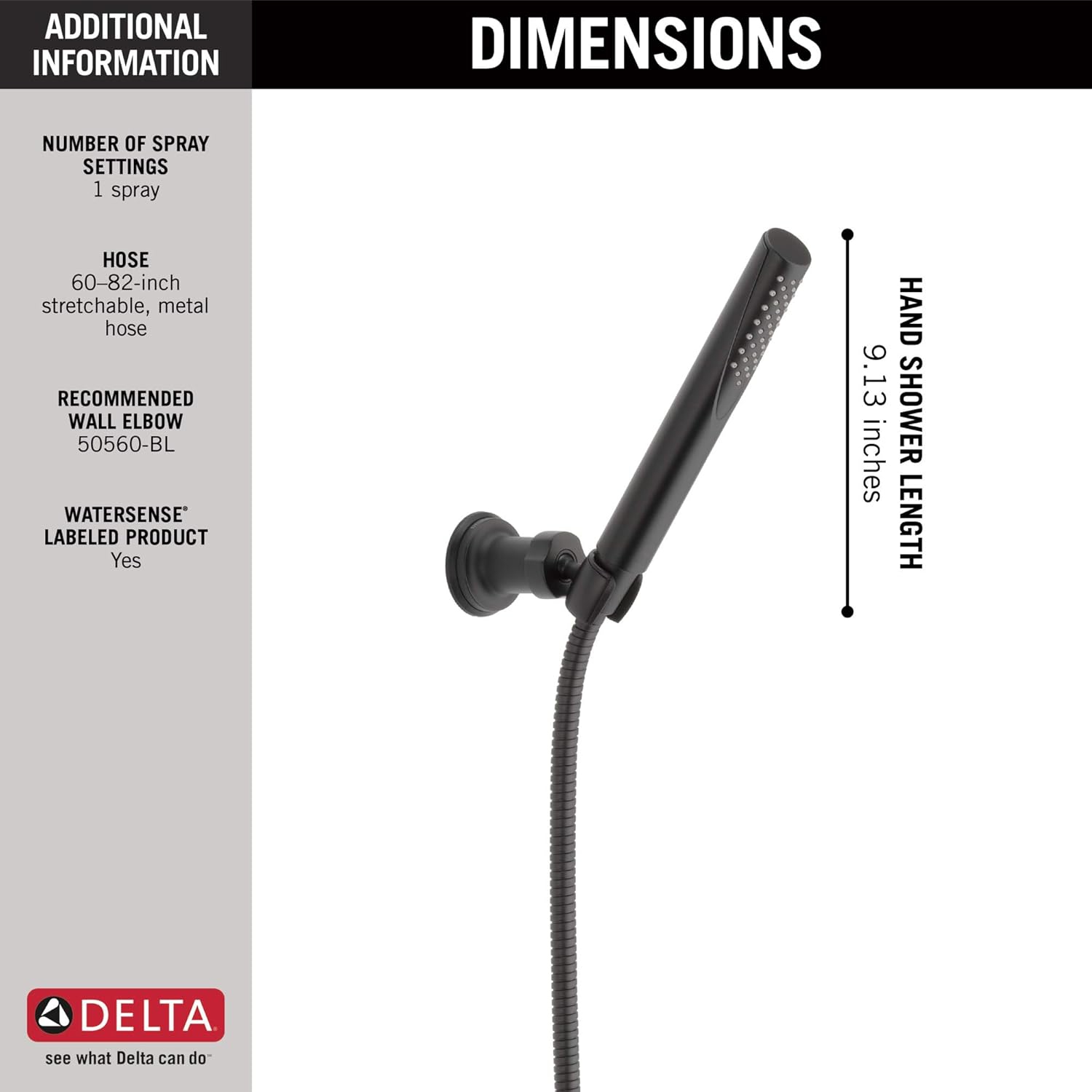 Delta Faucet Trinsic Single Spray Wall-Mount Hand Shower, Hand Held Shower with Hose, Black Handheld Shower Head