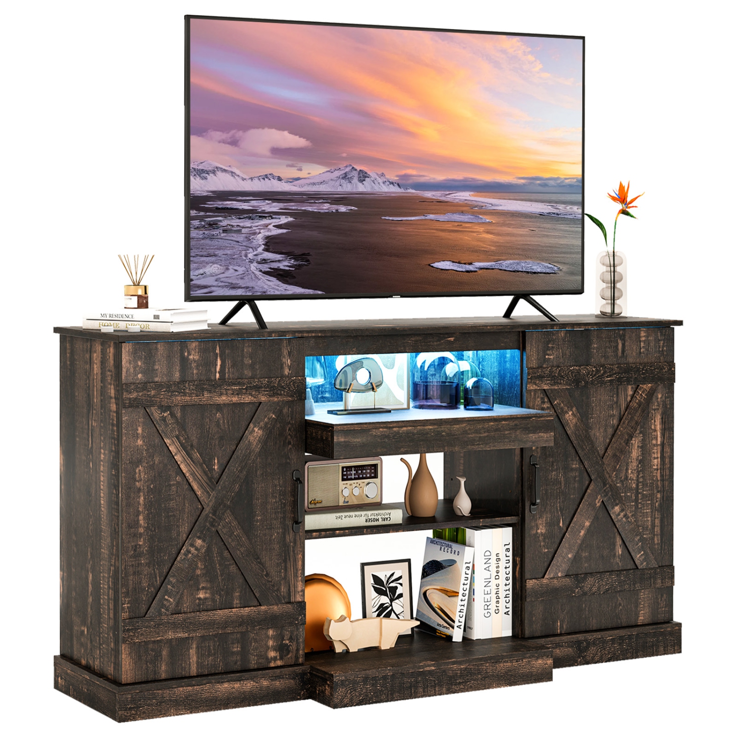 Gymax TV Cabinet for TVs up to 68'' w/ 3-Level Shelves LED Lights 22 Dynamic Modes