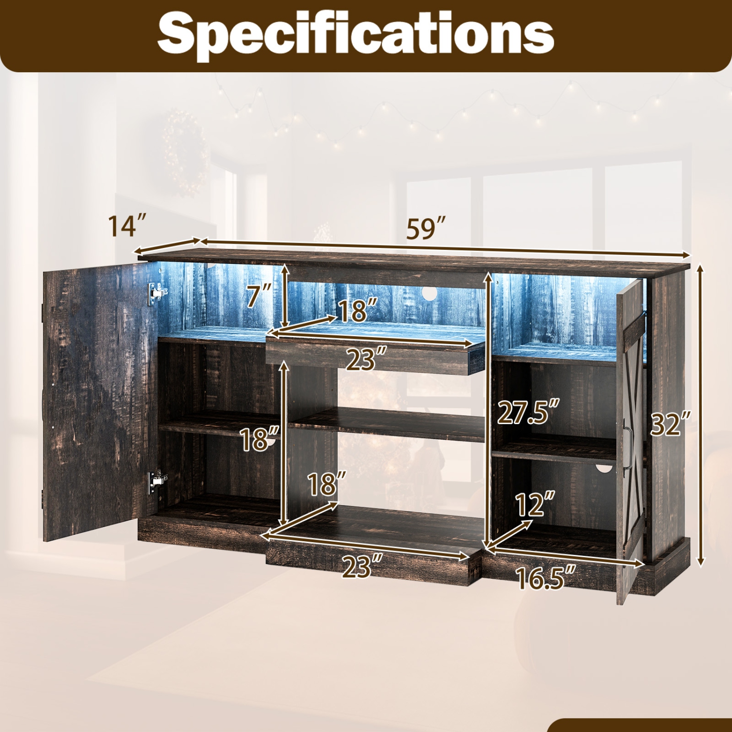 Gymax TV Cabinet for TVs up to 68'' w/ 3-Level Shelves LED Lights 22 Dynamic Modes