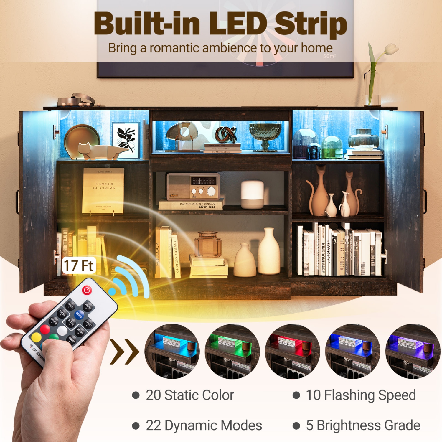Gymax TV Cabinet for TVs up to 68'' w/ 3-Level Shelves LED Lights 22 Dynamic Modes