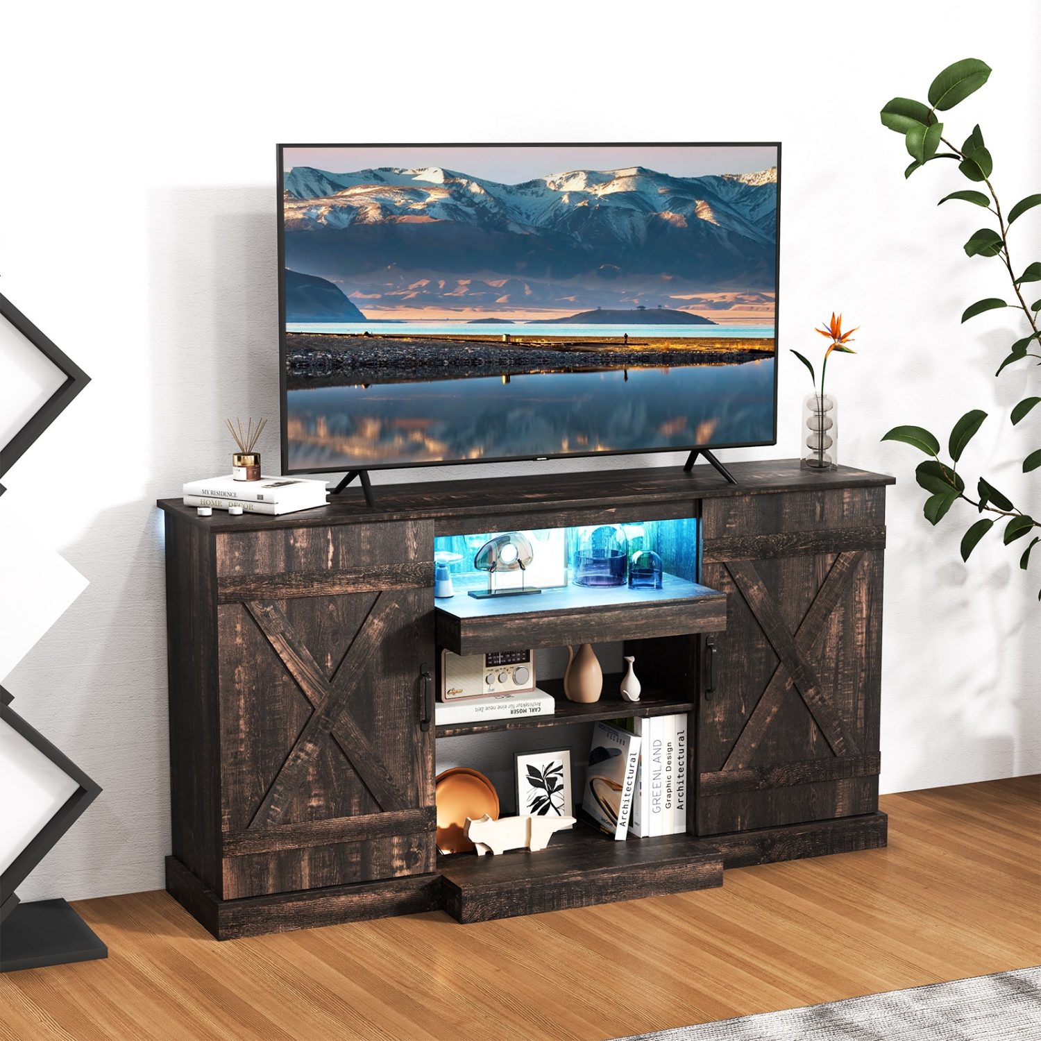 Gymax TV Cabinet for TVs up to 68'' w/ 3-Level Shelves LED Lights 22 Dynamic Modes