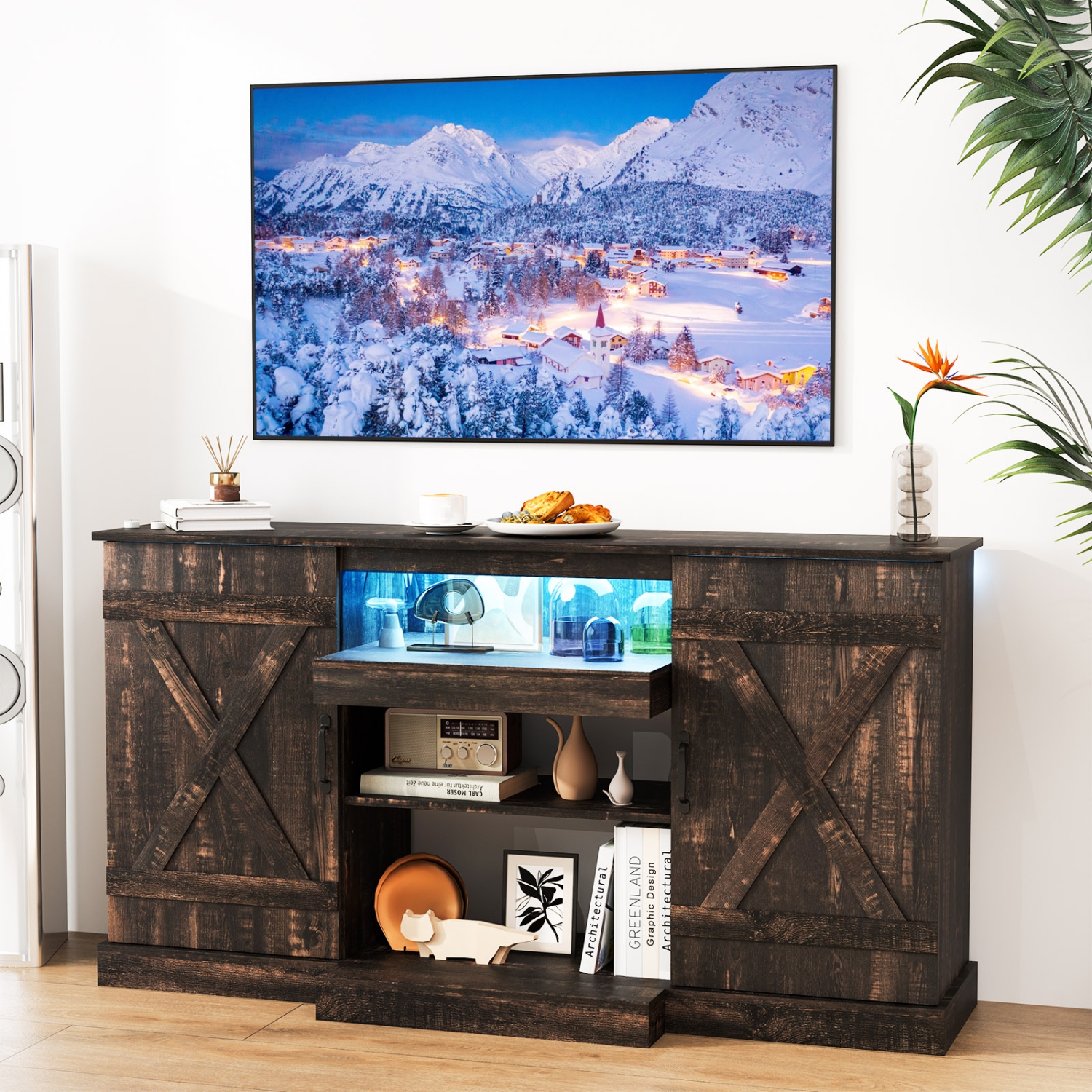 Gymax TV Cabinet for TVs up to 68'' w/ 3-Level Shelves LED Lights 22 Dynamic Modes