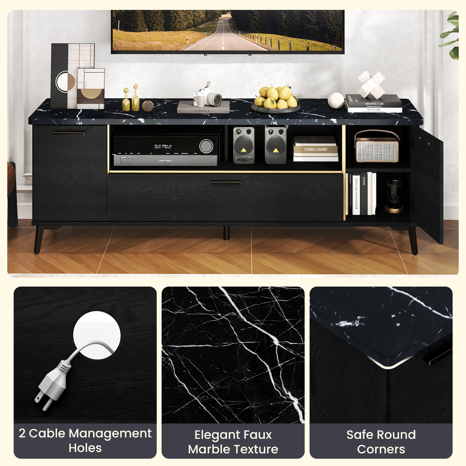 Gymax Mid Century Modern Entertainment Center 63-Inch TV Stand for TVs up to 75''