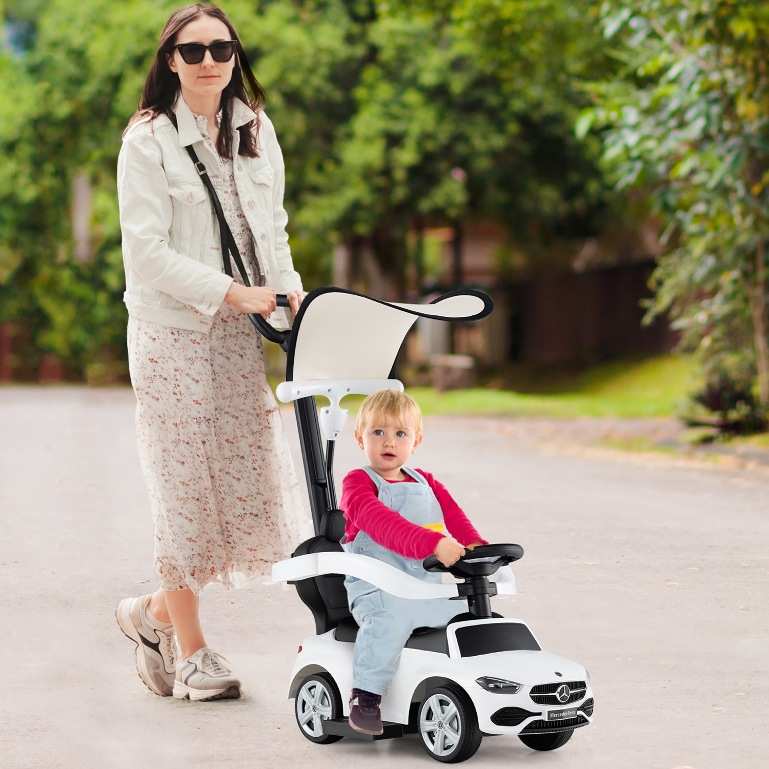 Gymax 3-in-1 Toddler Push Car w/Adjustable Canopy Under Seat Storage Realistic Sounds