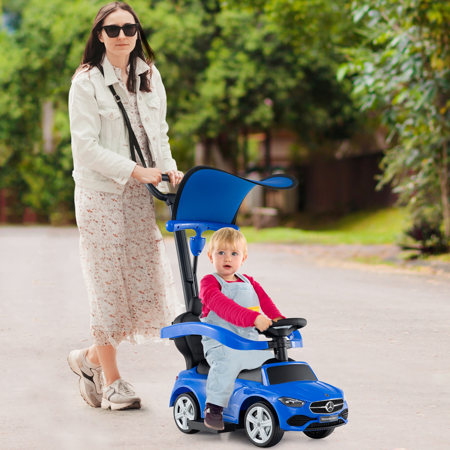 Gymax 3-in-1 Toddler Push Car w/Adjustable Canopy Under Seat Storage Realistic Sounds