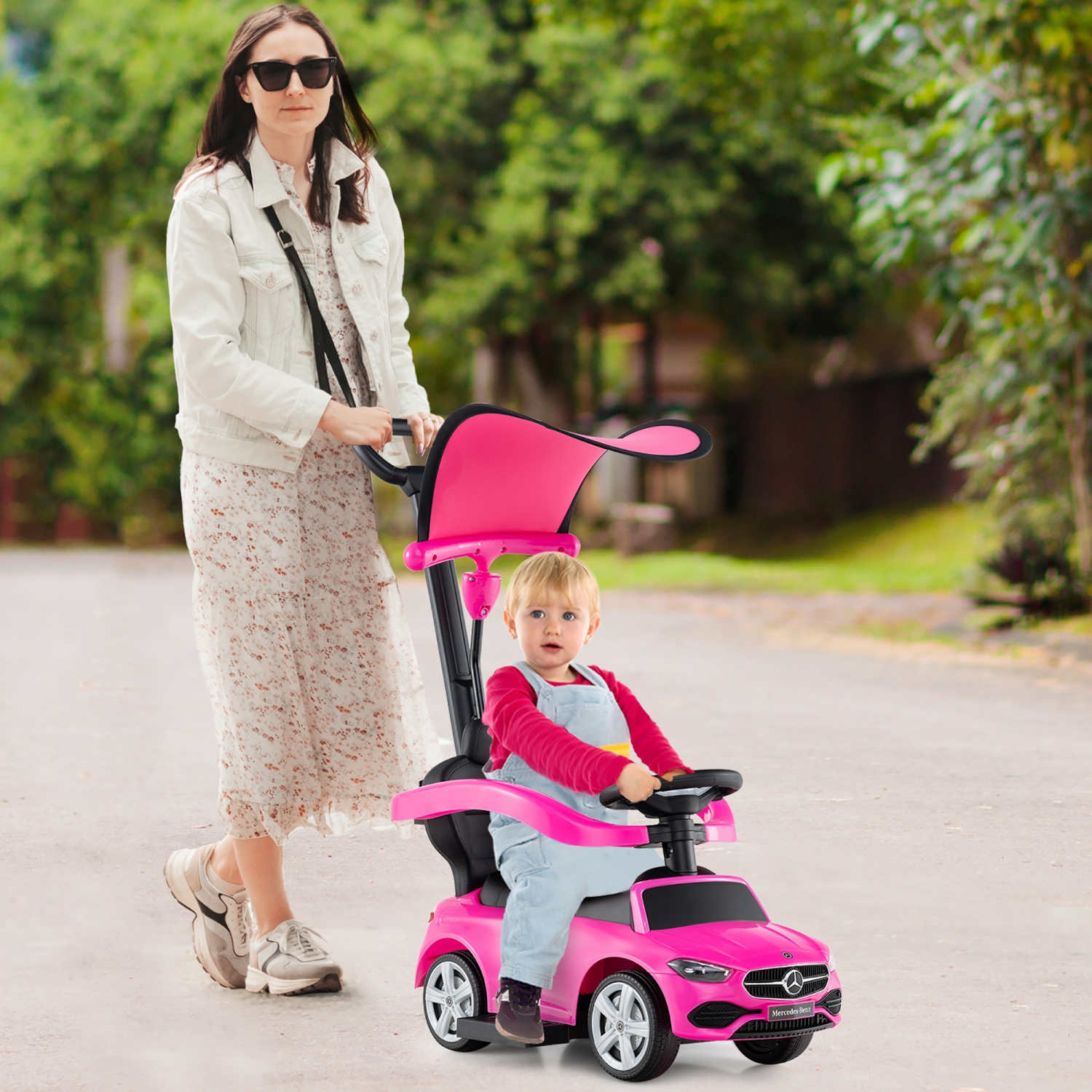 Gymax 3-in-1 Toddler Push Car w/Adjustable Canopy Under Seat Storage Realistic Sounds
