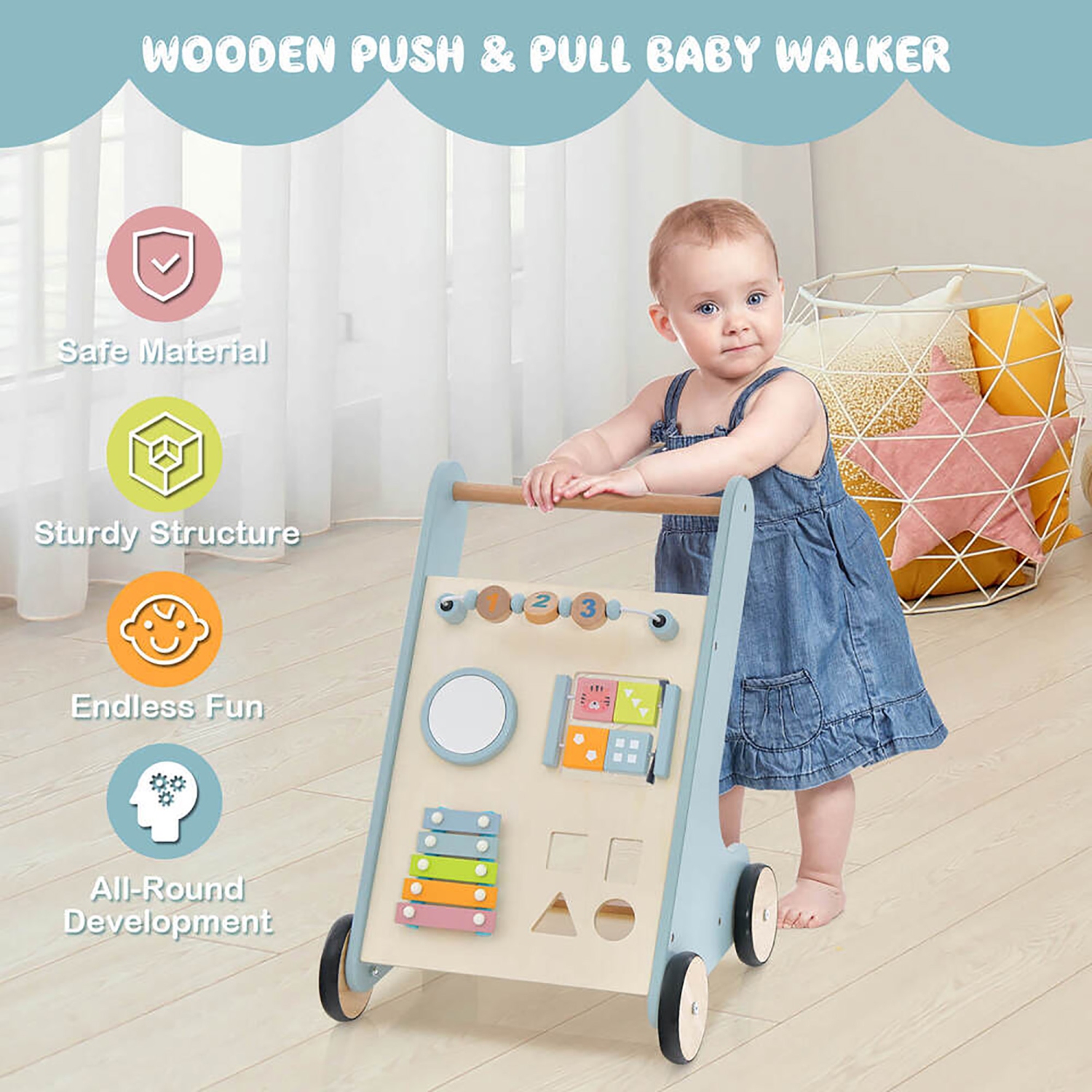 Gymax Wooden Baby Walker Toddler Push Walker w/ Xylophone & Flip Blocks Blue