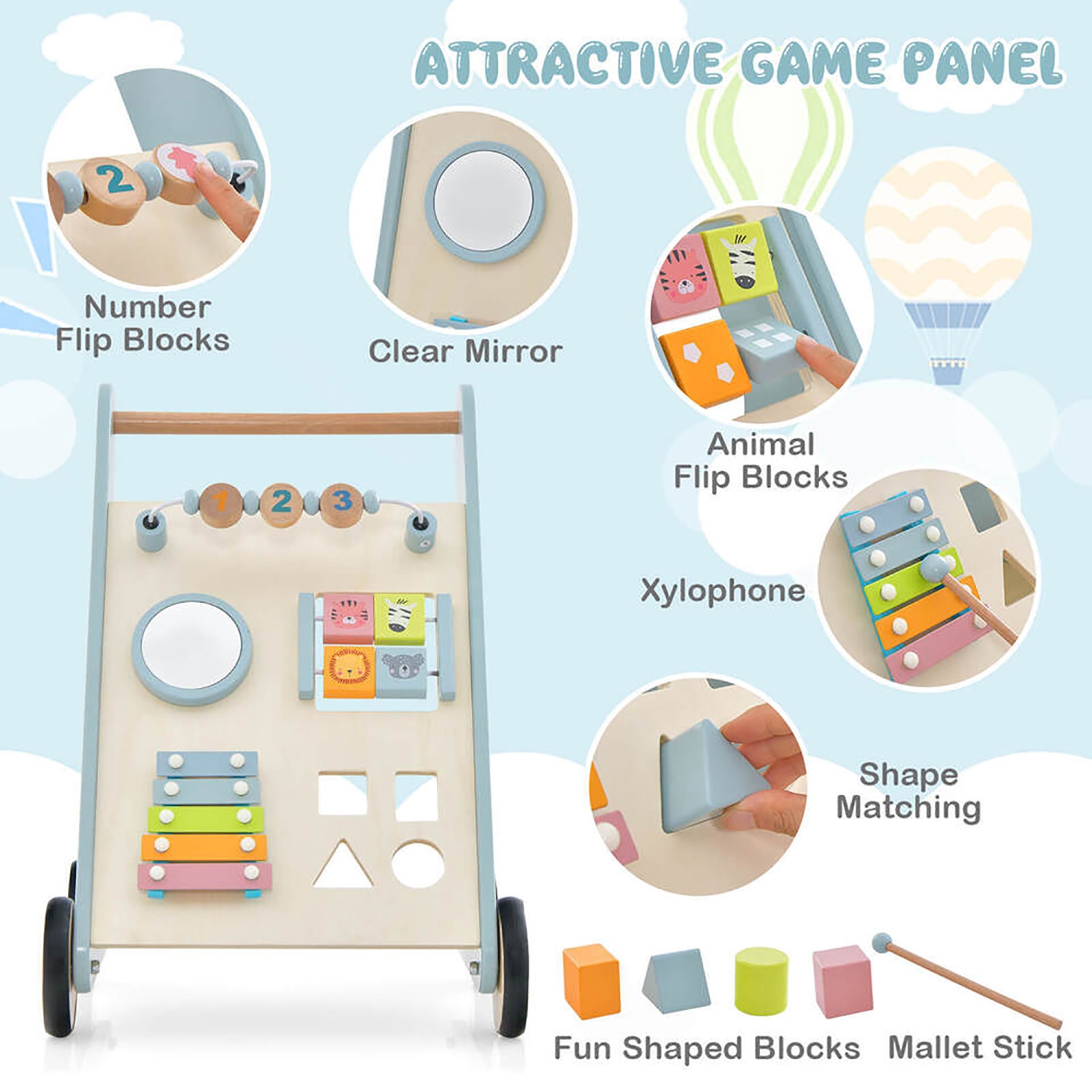 Gymax Wooden Baby Walker Toddler Push Walker w/ Xylophone & Flip Blocks Blue