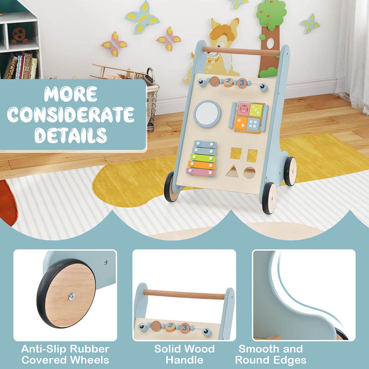 Gymax Wooden Baby Walker Toddler Push Walker w/ Xylophone & Flip Blocks Blue