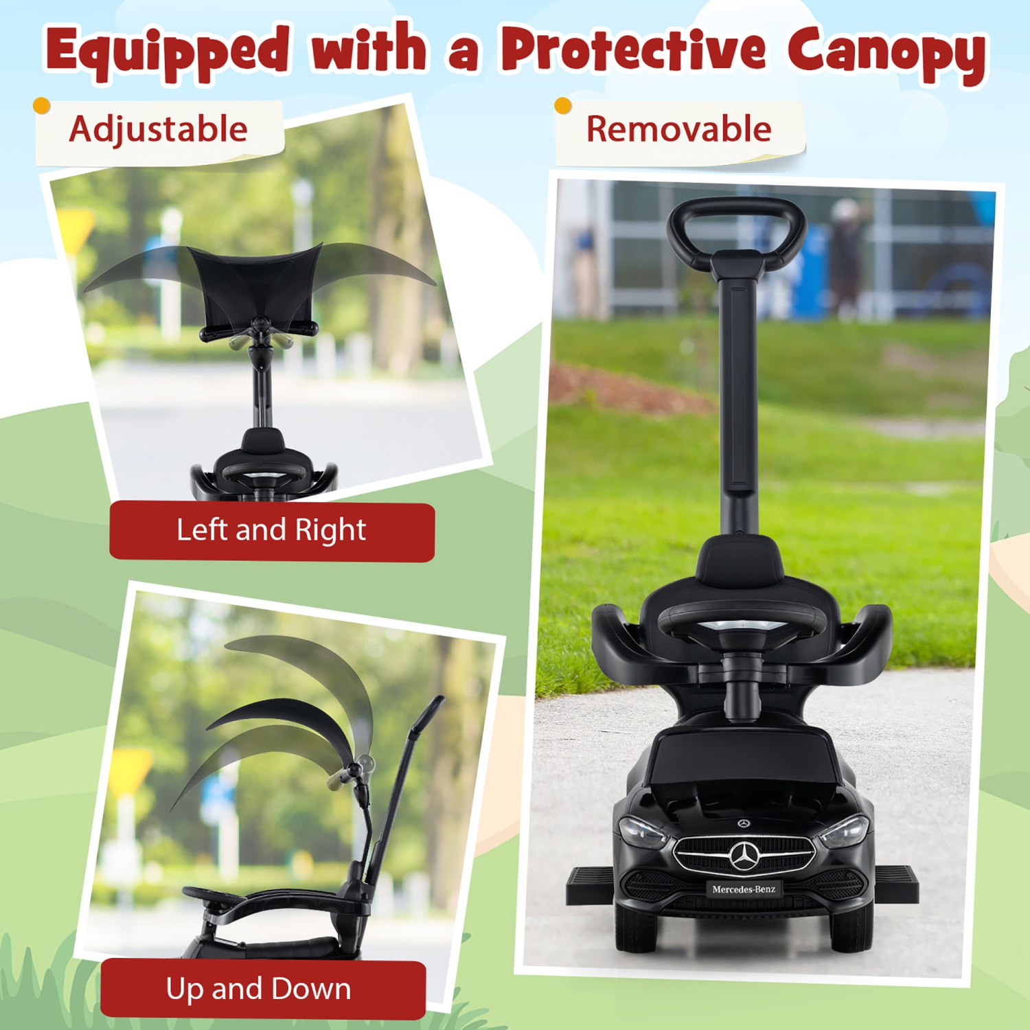 Gymax 3-in-1 Toddler Push Car w/Adjustable Canopy Under Seat Storage Realistic Sounds