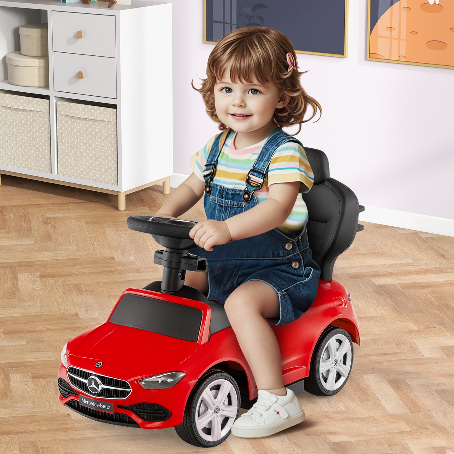 Gymax 3-in-1 Toddler Push Car w/Adjustable Canopy Under Seat Storage Realistic Sounds