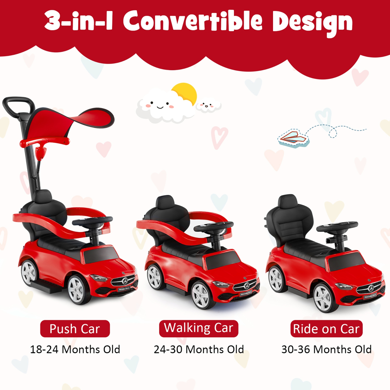 Gymax 3-in-1 Toddler Push Car w/Adjustable Canopy Under Seat Storage Realistic Sounds