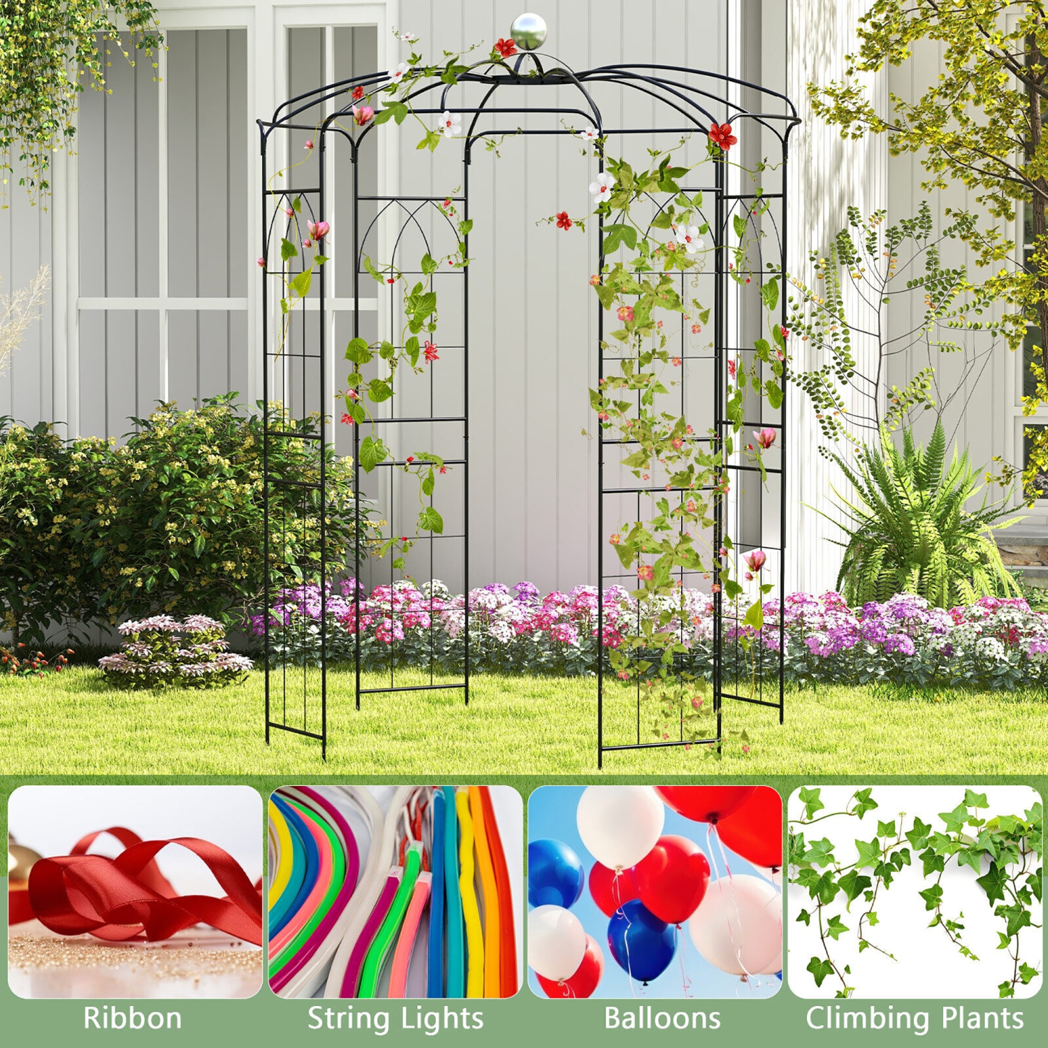 Gymax 9.4' High x 6.8' Wide Birdcage Shape Arch w/ Hanging Hook French Style Wedding