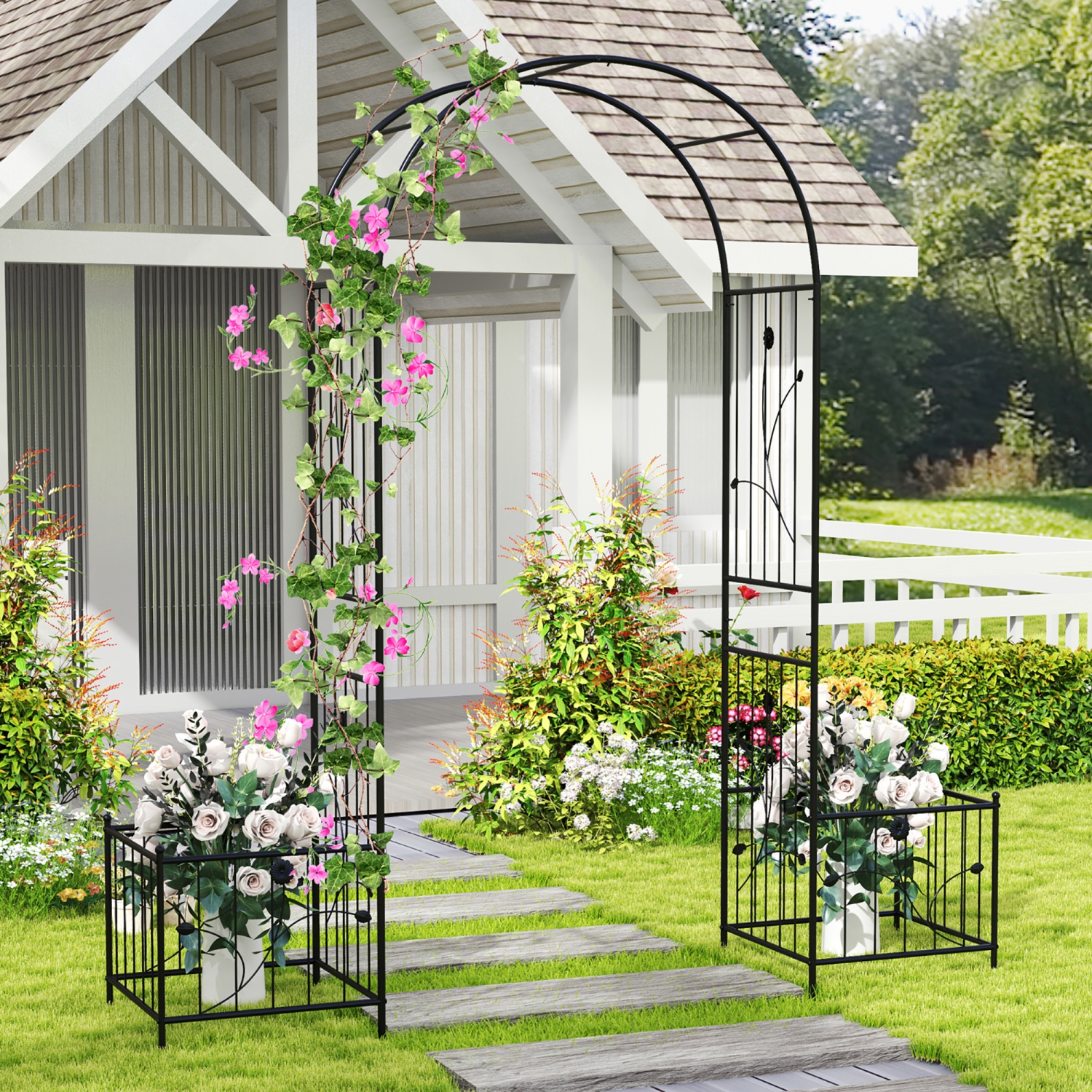 Gymax 86'' Arch Trellis for Climbing Plants w/ Planter Boxes Roses Vines for Wedding