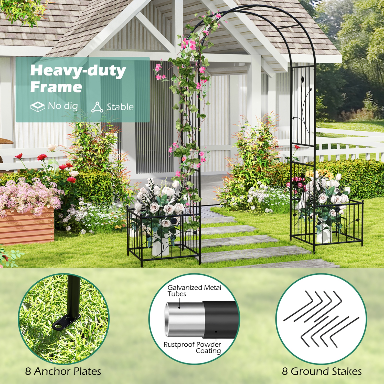 Gymax 86'' Arch Trellis for Climbing Plants w/ Planter Boxes Roses Vines for Wedding