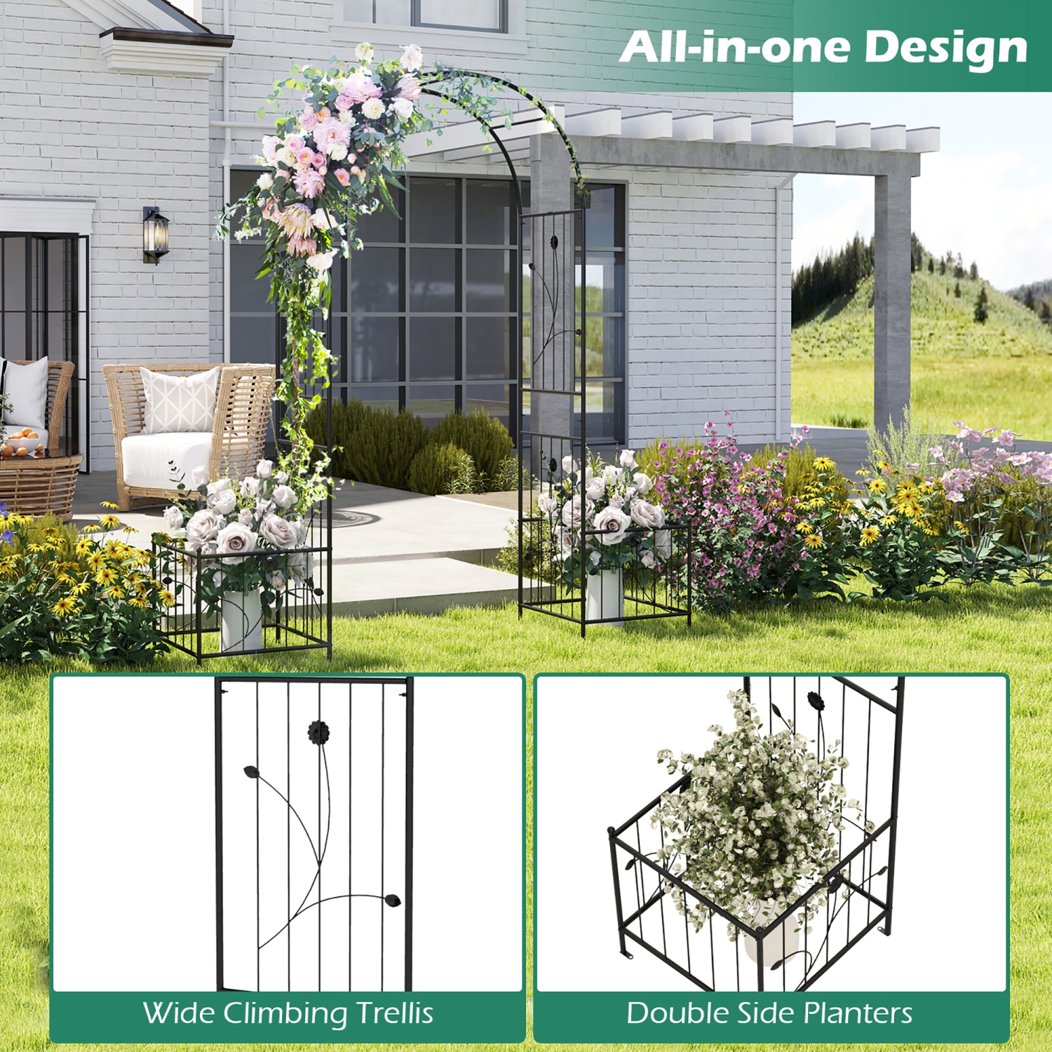 Gymax 86'' Arch Trellis for Climbing Plants w/ Planter Boxes Roses Vines for Wedding