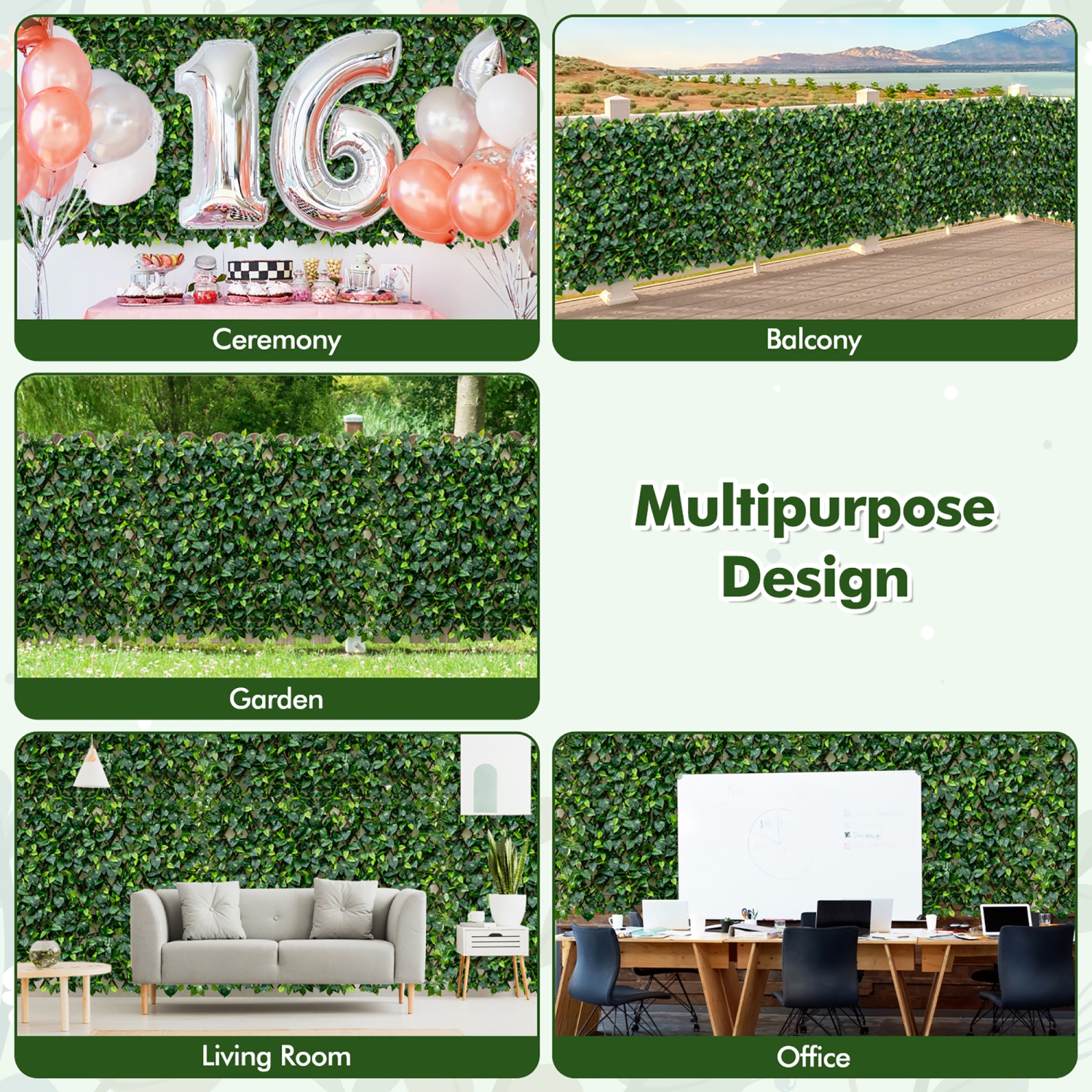 Gymax Expandable Fence Privacy Screen Decorative Faux Ivy Fencing Panel for Backdrop