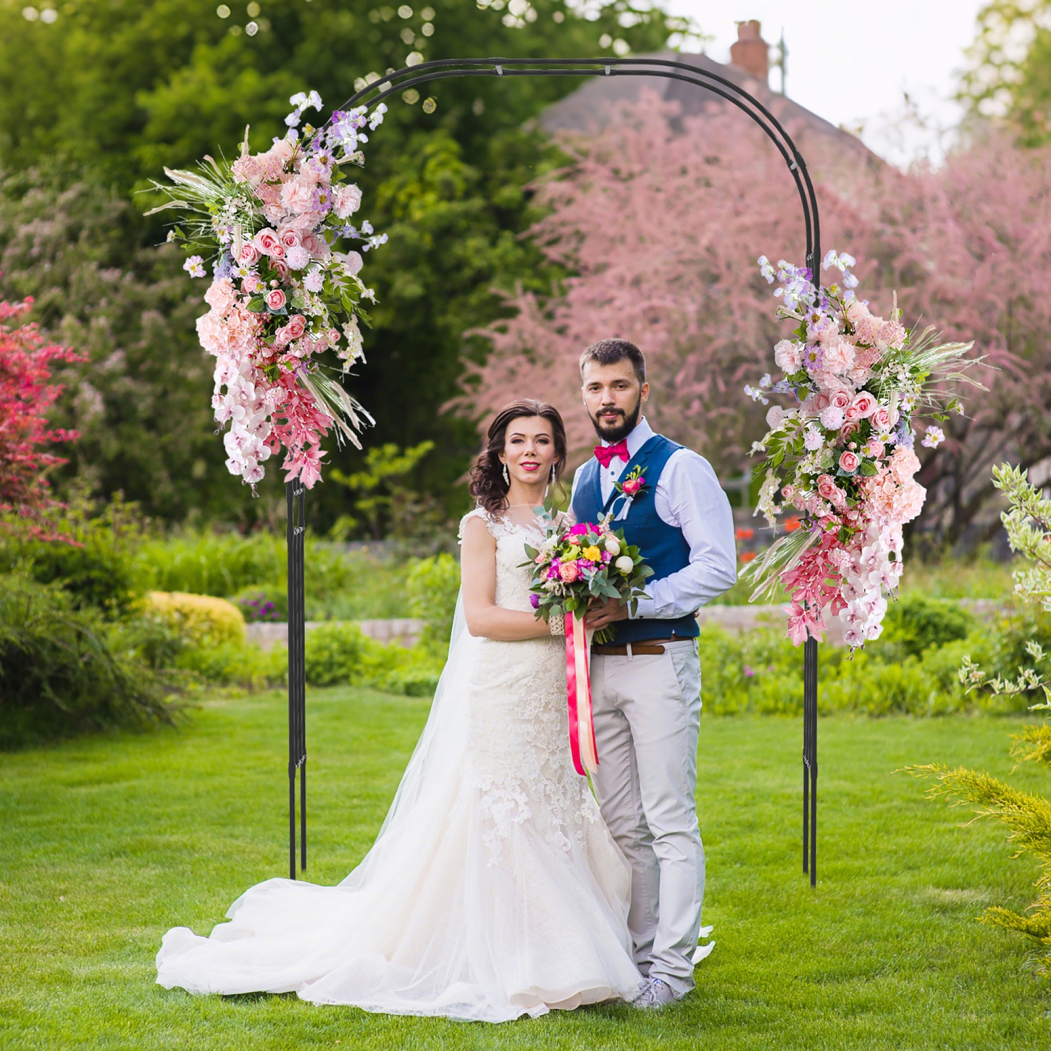 Gymax 95'' Garden Arch Trellis w/PE Wrapped Metal Pipes Ground Stakes Spiral Rods