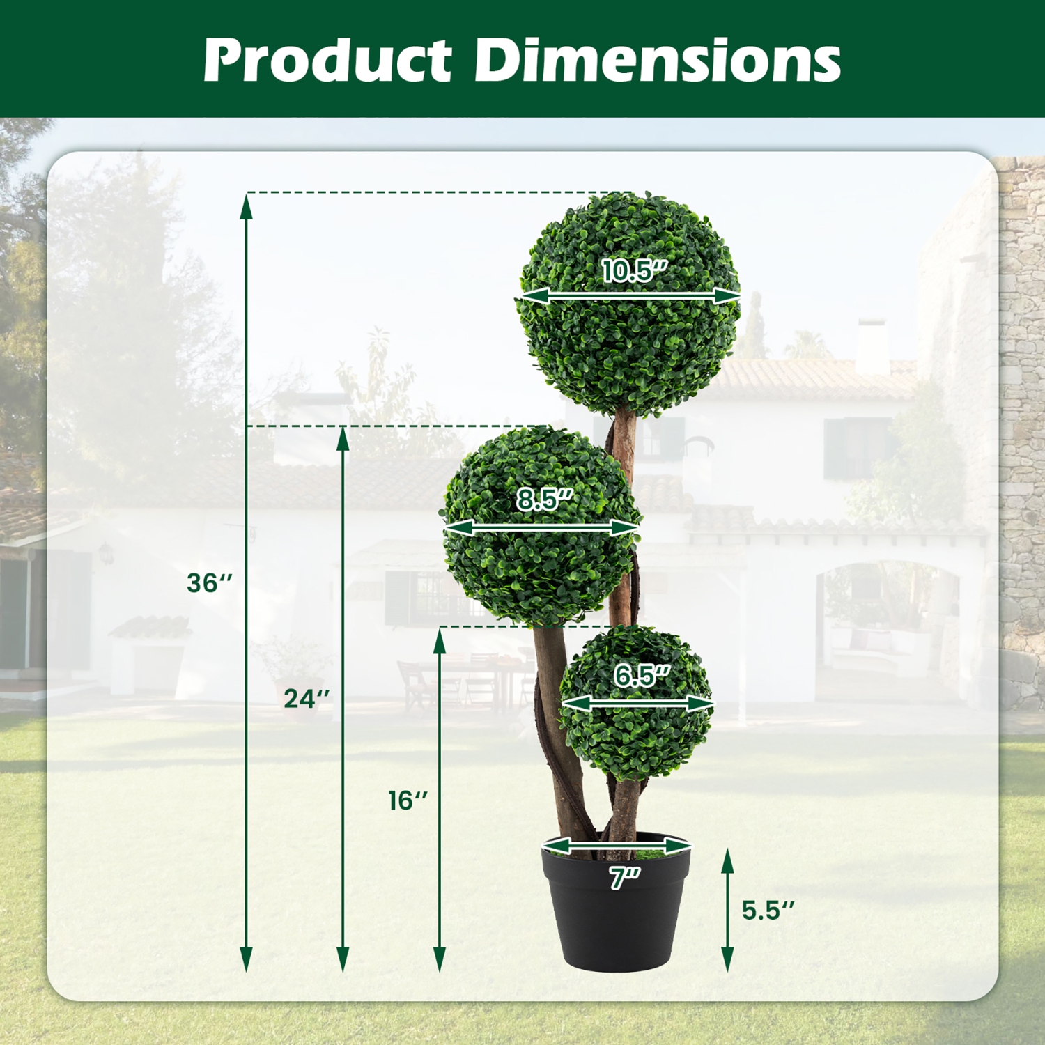 Gymax 36'' Faux Potted Plant w/3 Topiary Balls Solid Wood Trunks Mimic Rattans & Moss