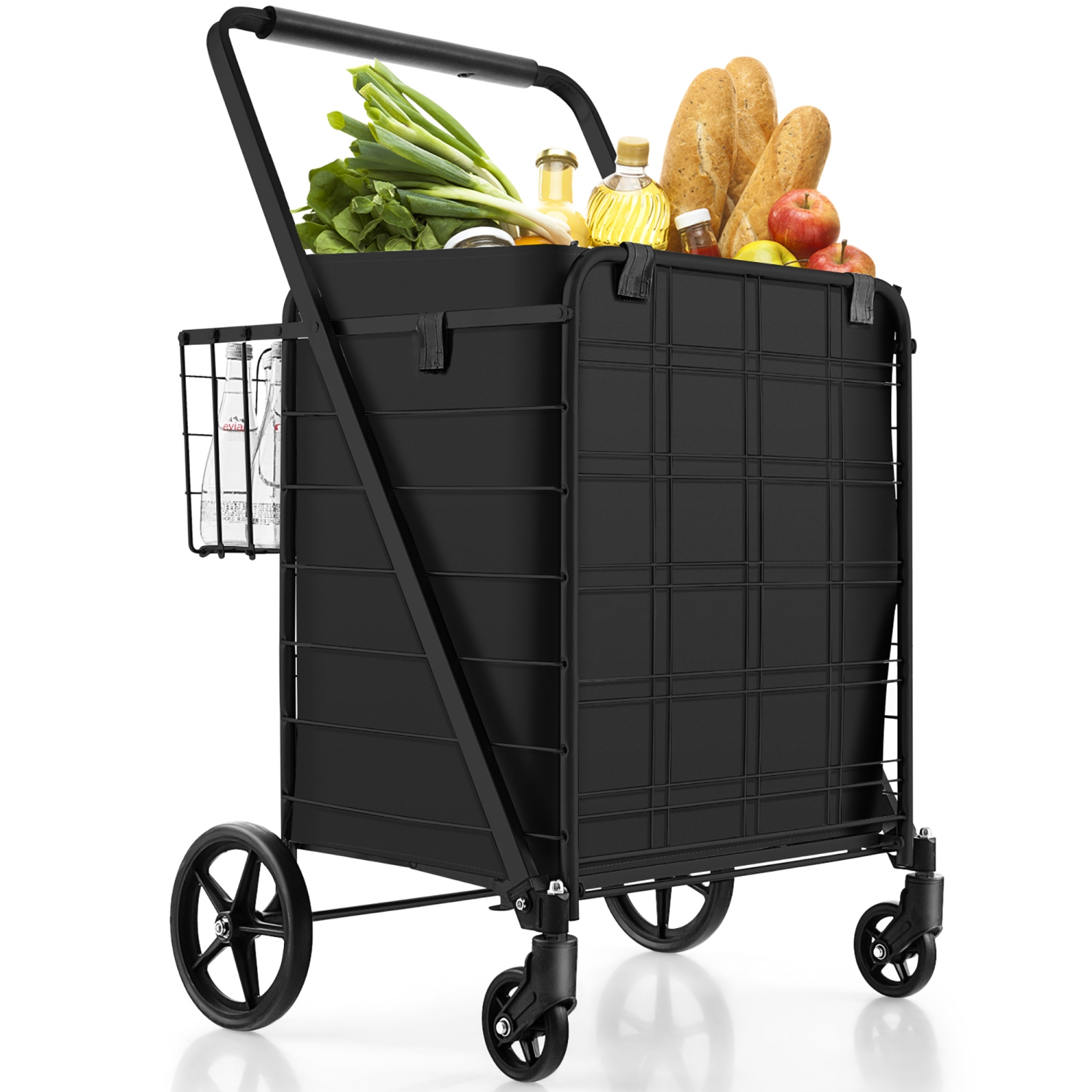 Gymax Folding Shopping Cart Jumbo Upgraded Utility Grocery Cart w/ Waterproof Liner