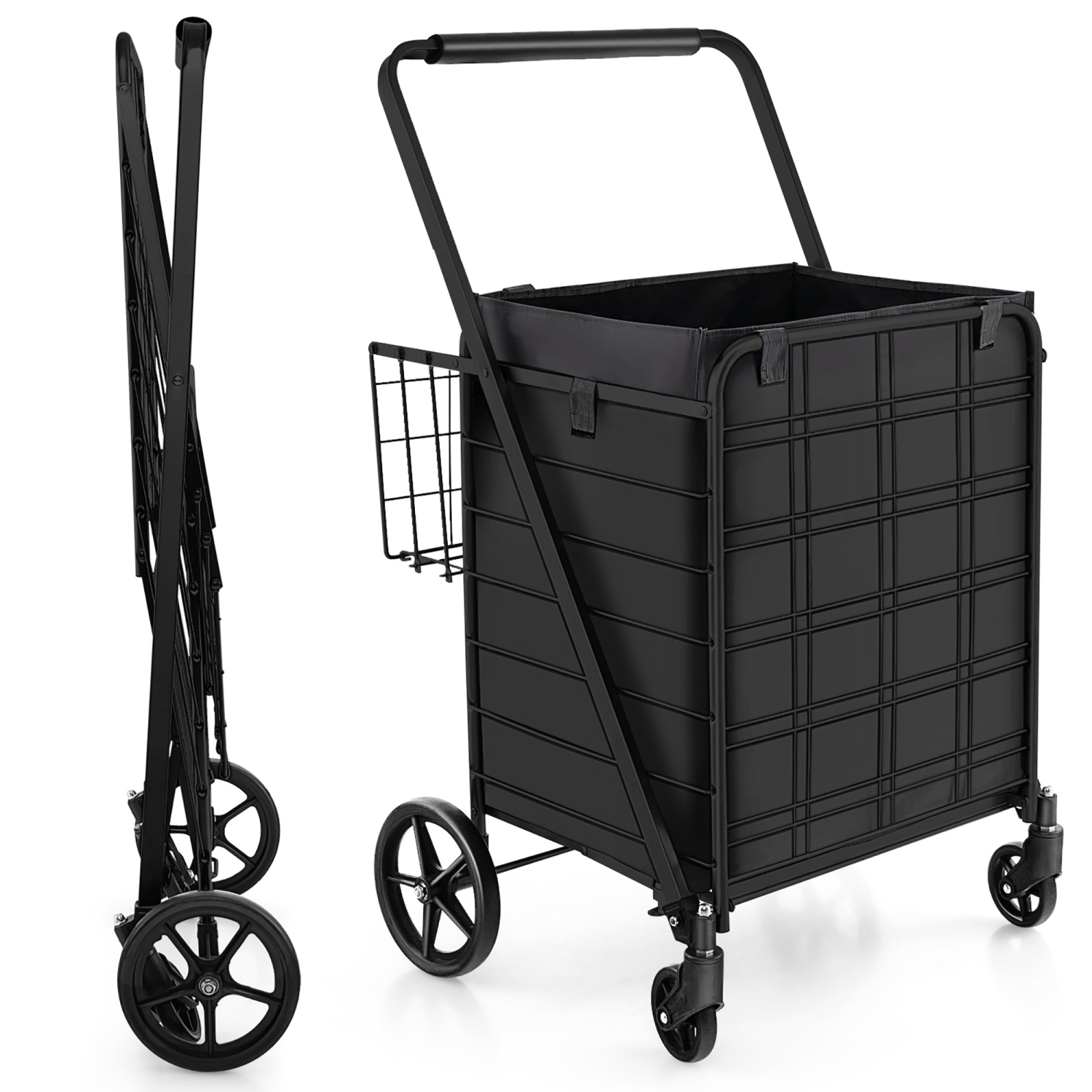 Gymax Folding Shopping Cart Jumbo Upgraded Utility Grocery Cart w/ Waterproof Liner