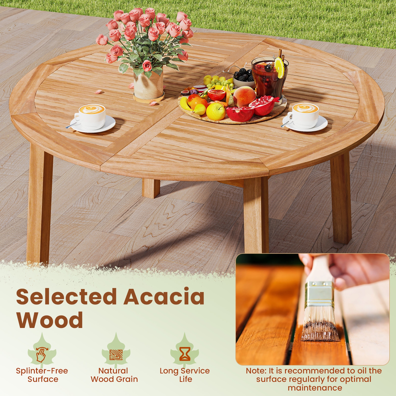 Gymax Round Patio Dining Table Acacia Wood Outdoor Dining Table w/ 2'' Umbrella Hole