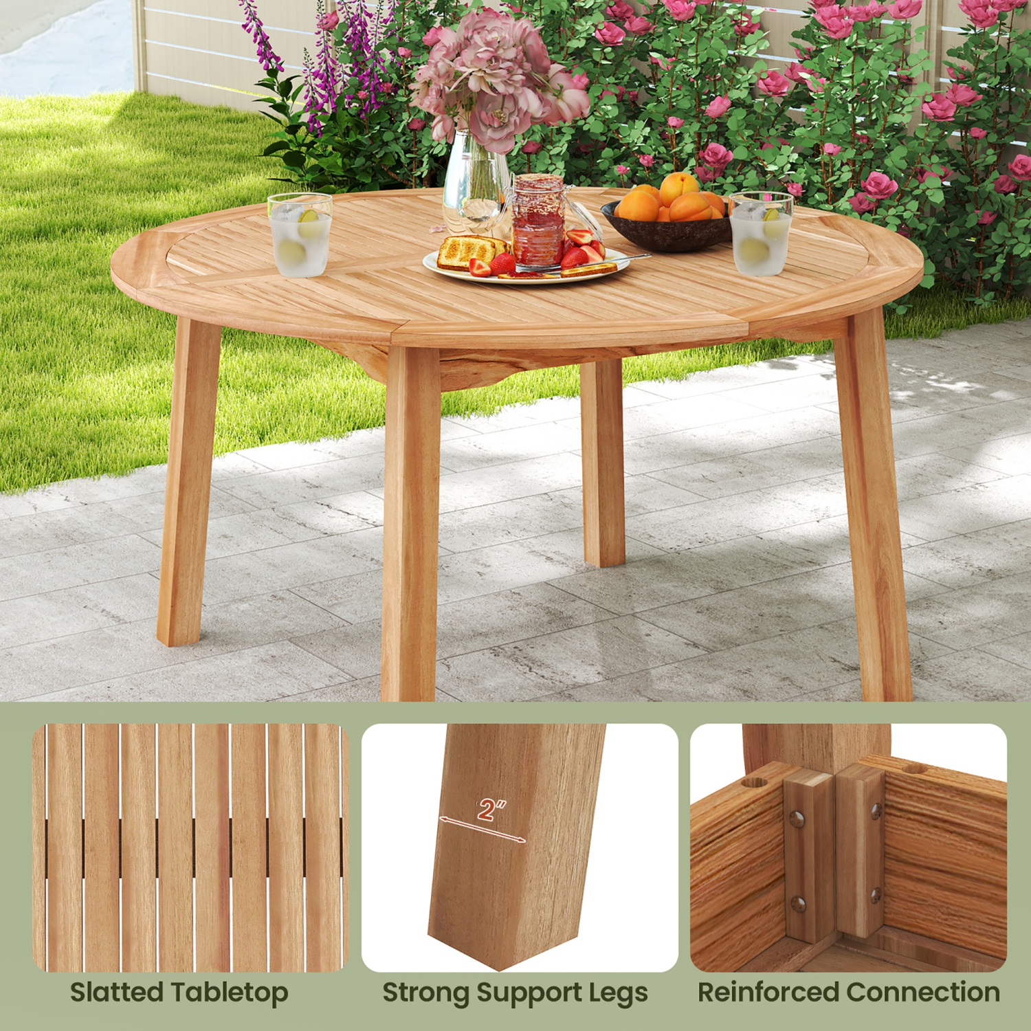 Gymax Round Patio Dining Table Acacia Wood Outdoor Dining Table w/ 2'' Umbrella Hole