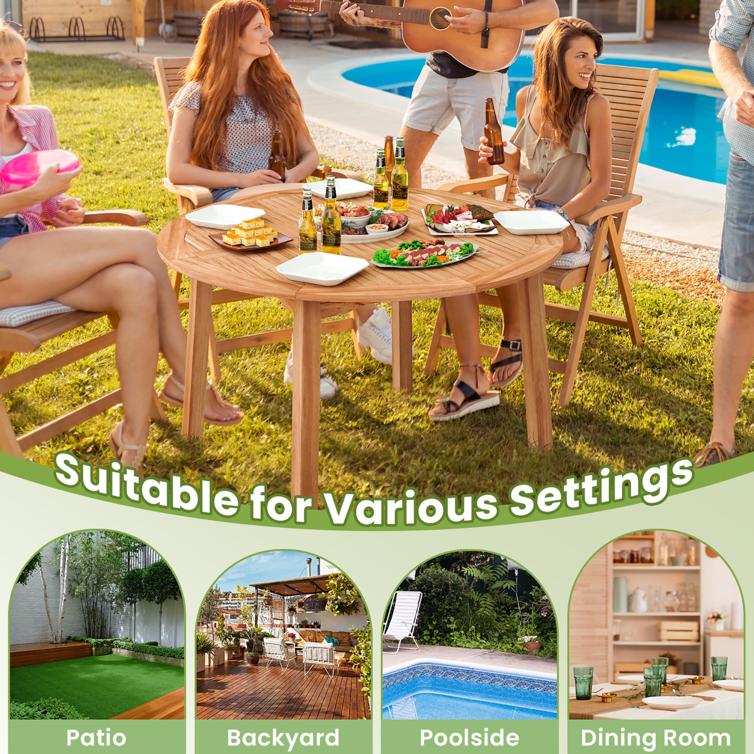 Gymax Round Patio Dining Table Acacia Wood Outdoor Dining Table w/ 2'' Umbrella Hole