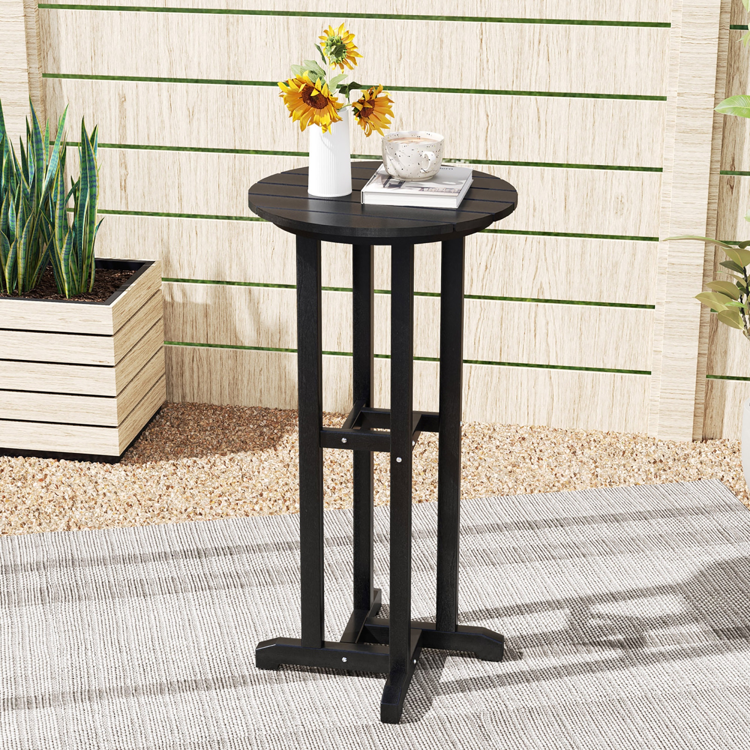 Gymax 21.5'' Round Bar Table Patio HDPE Bar Height Dining Table w/ Slatted Tabletop