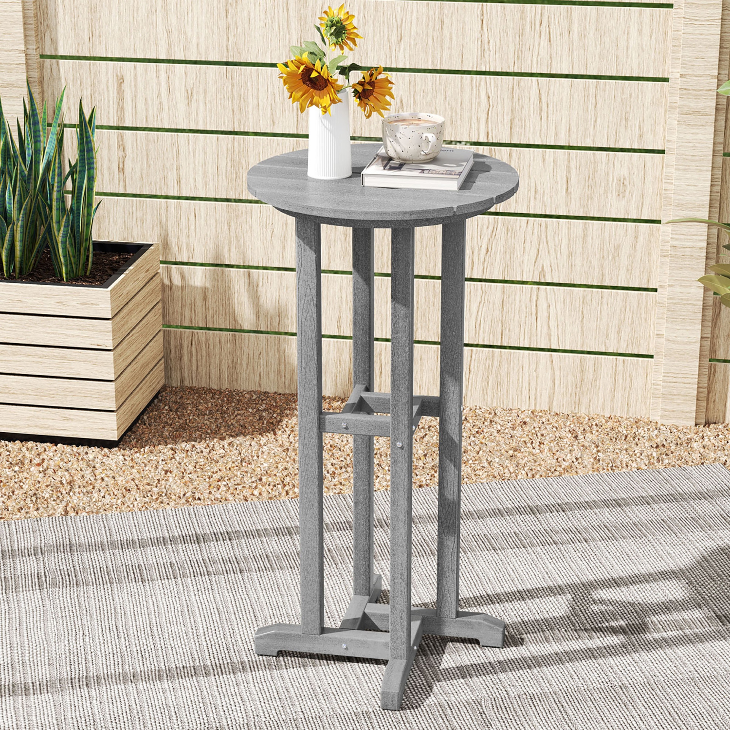 Gymax 21.5'' Round Bar Table Patio HDPE Bar Height Dining Table w/ Slatted Tabletop