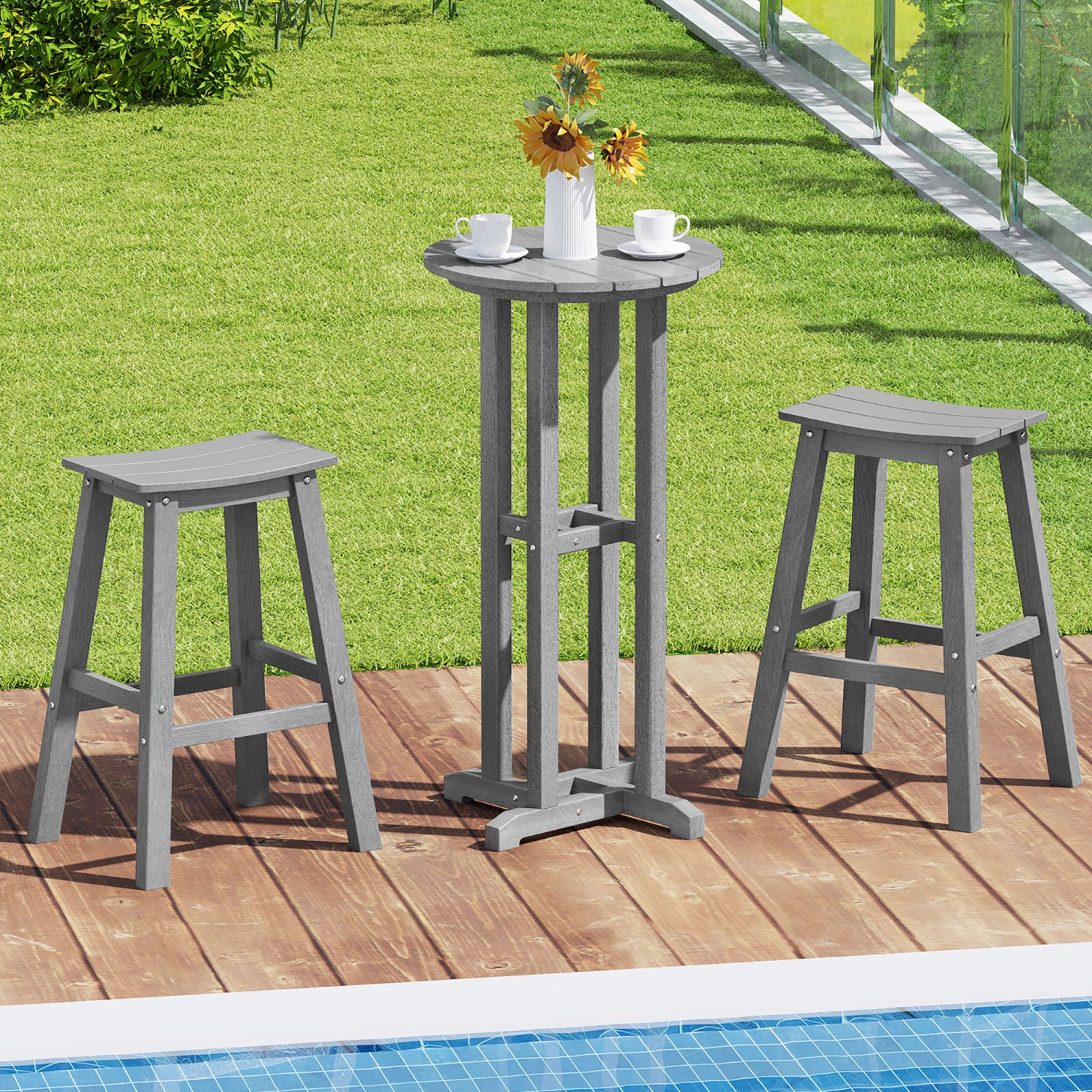 Gymax 21.5'' Round Bar Table Patio HDPE Bar Height Dining Table w/ Slatted Tabletop